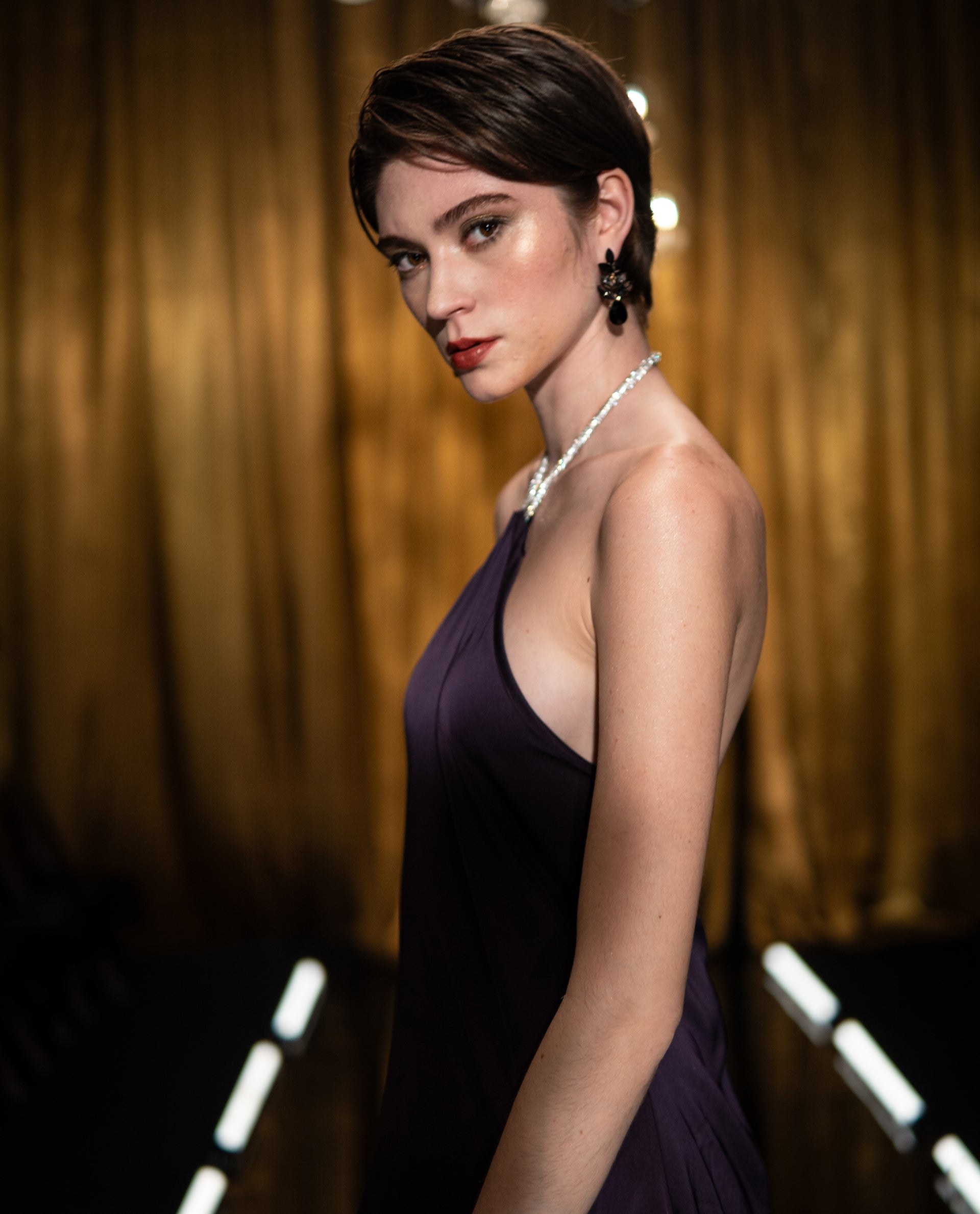 Rareism Women Setar Purple Satin Sleeveless Halter Neck Flared Mini Plain Dress