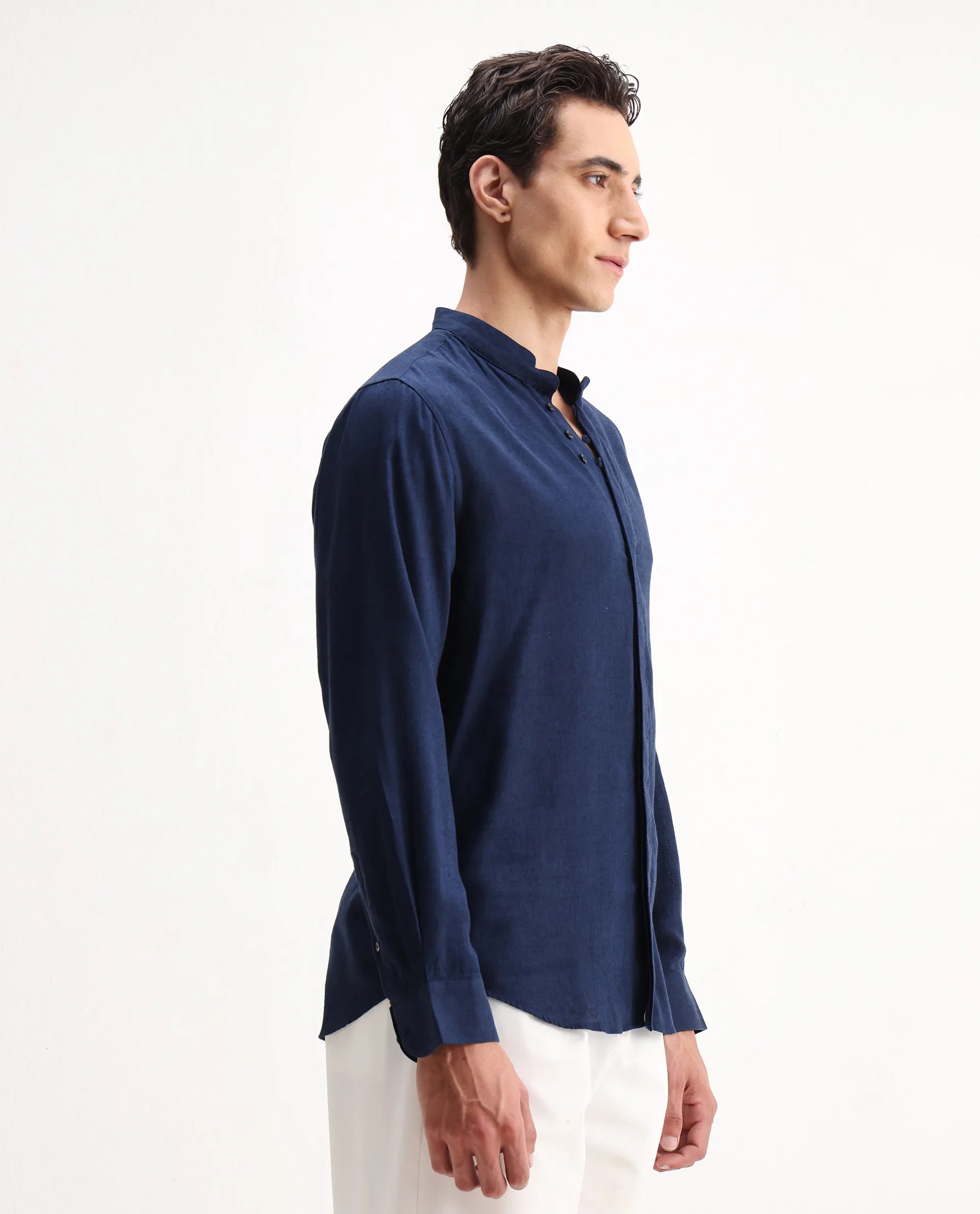 Rare Rabbit Men's Throne 25 Navy Lyocell Plain Regular Fit Full Sleeve Mandarin Collar Shirt