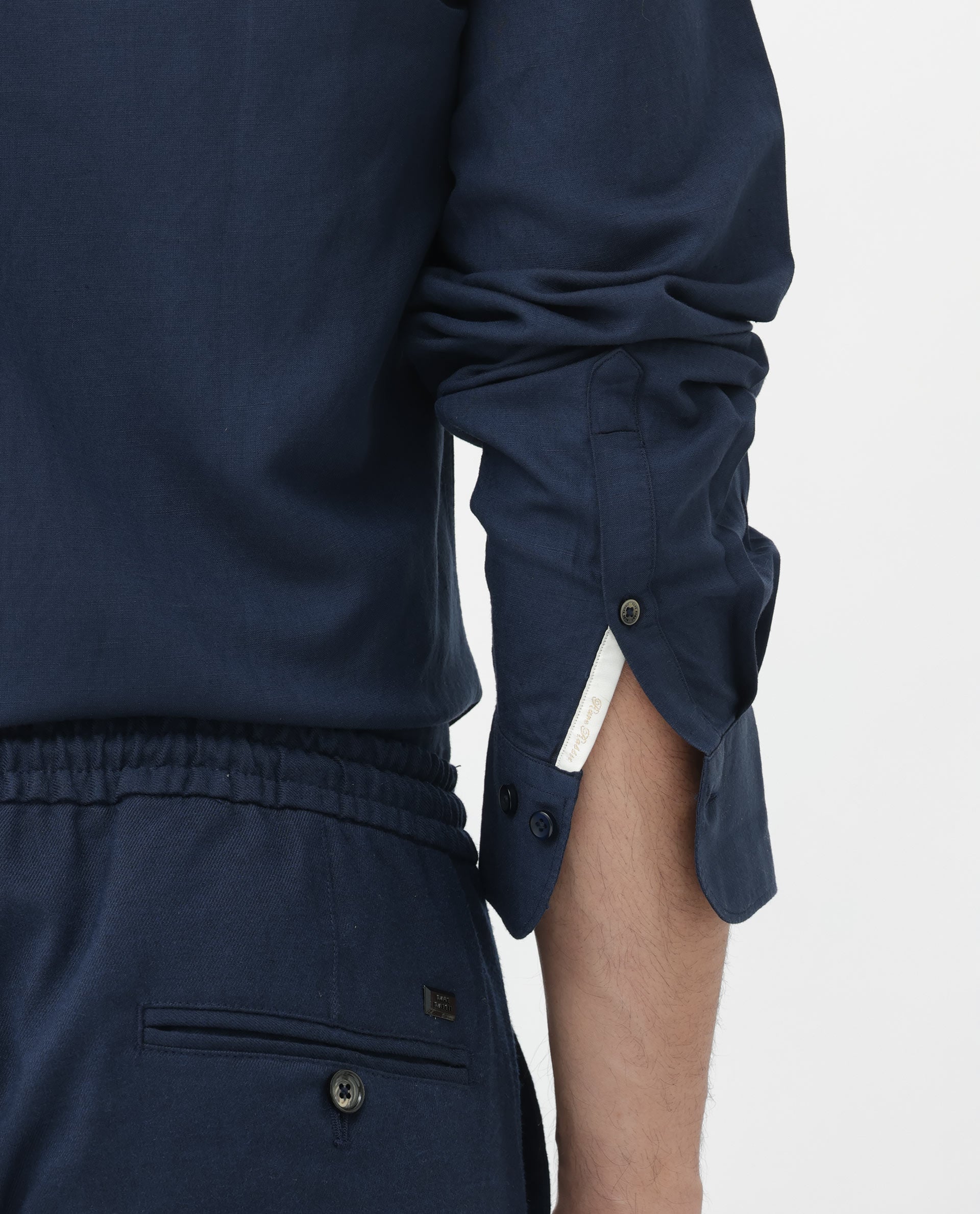 Rare Rabbit Mens Throna Navy Linen Blend Fabric Full Sleeve Solid Shirt