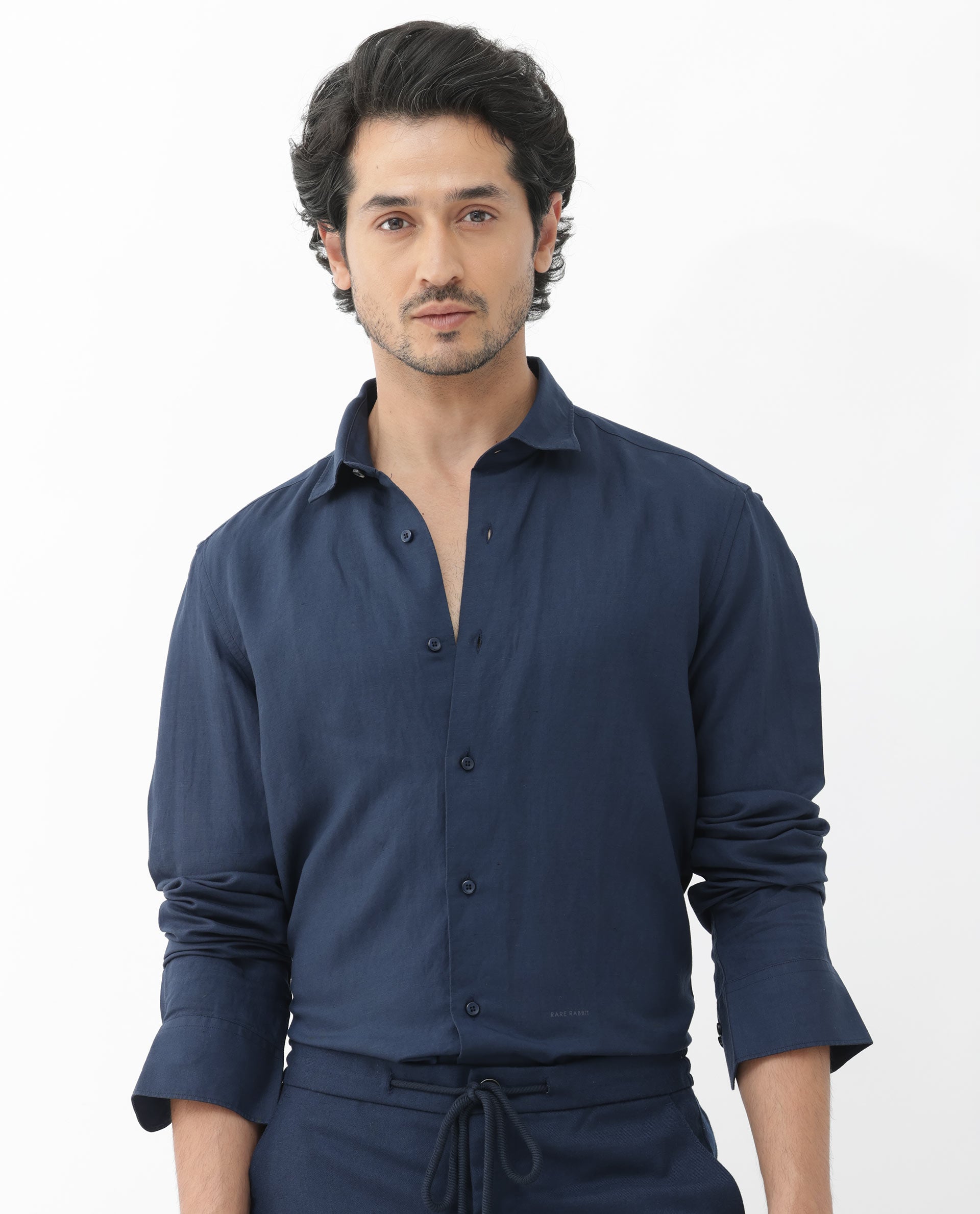 Rare Rabbit Mens Throna Navy Linen Blend Fabric Full Sleeve Solid Shirt