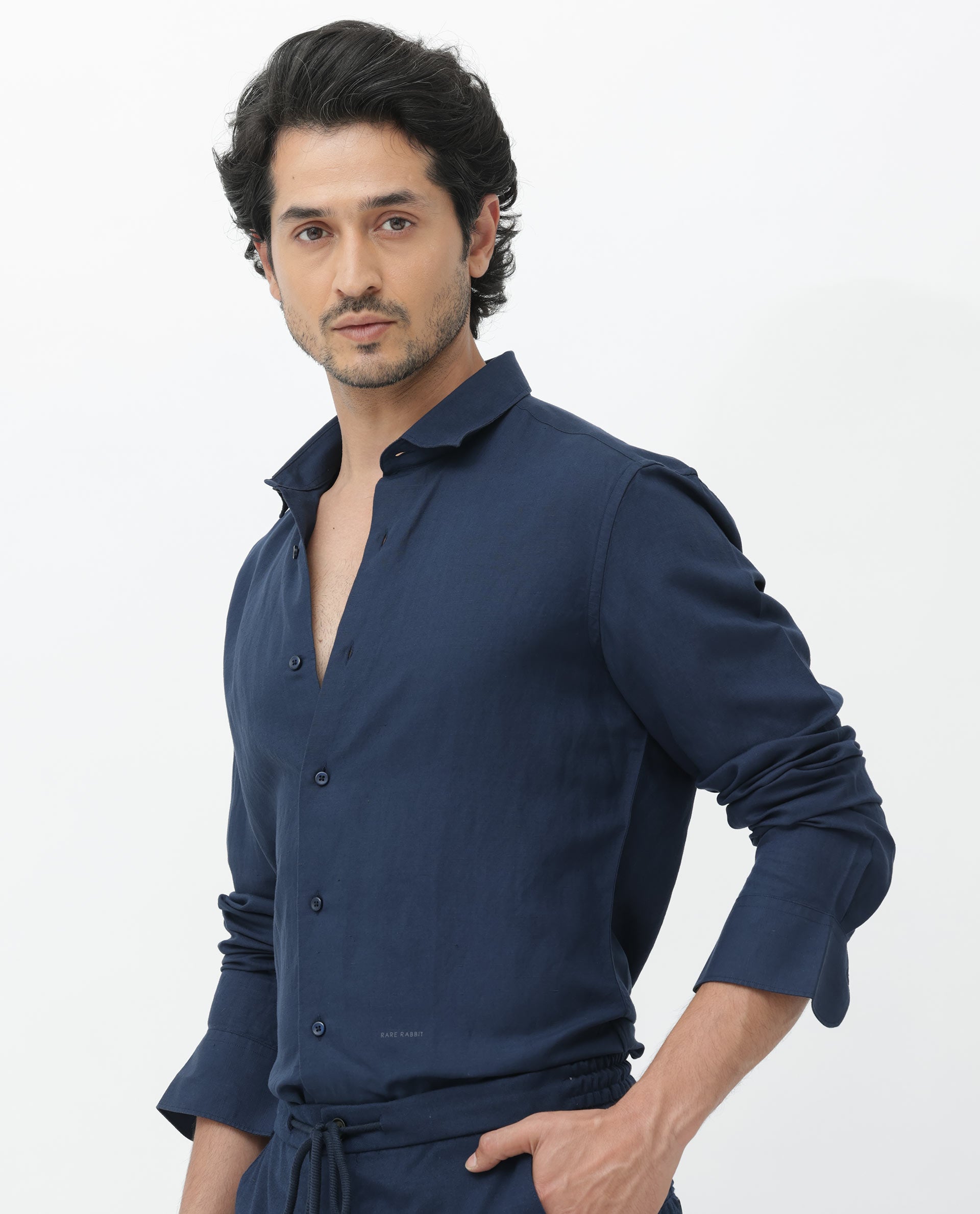 Rare Rabbit Mens Throna Navy Linen Blend Fabric Full Sleeve Solid Shirt