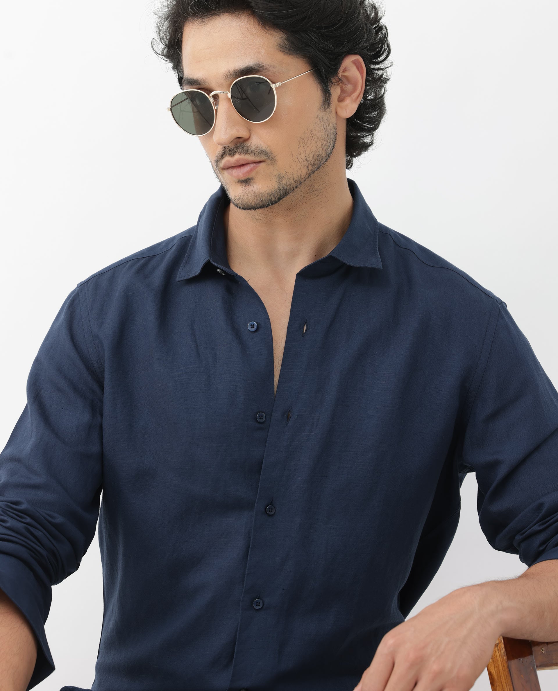 Rare Rabbit Mens Throna Navy Linen Blend Fabric Full Sleeve Solid Shirt