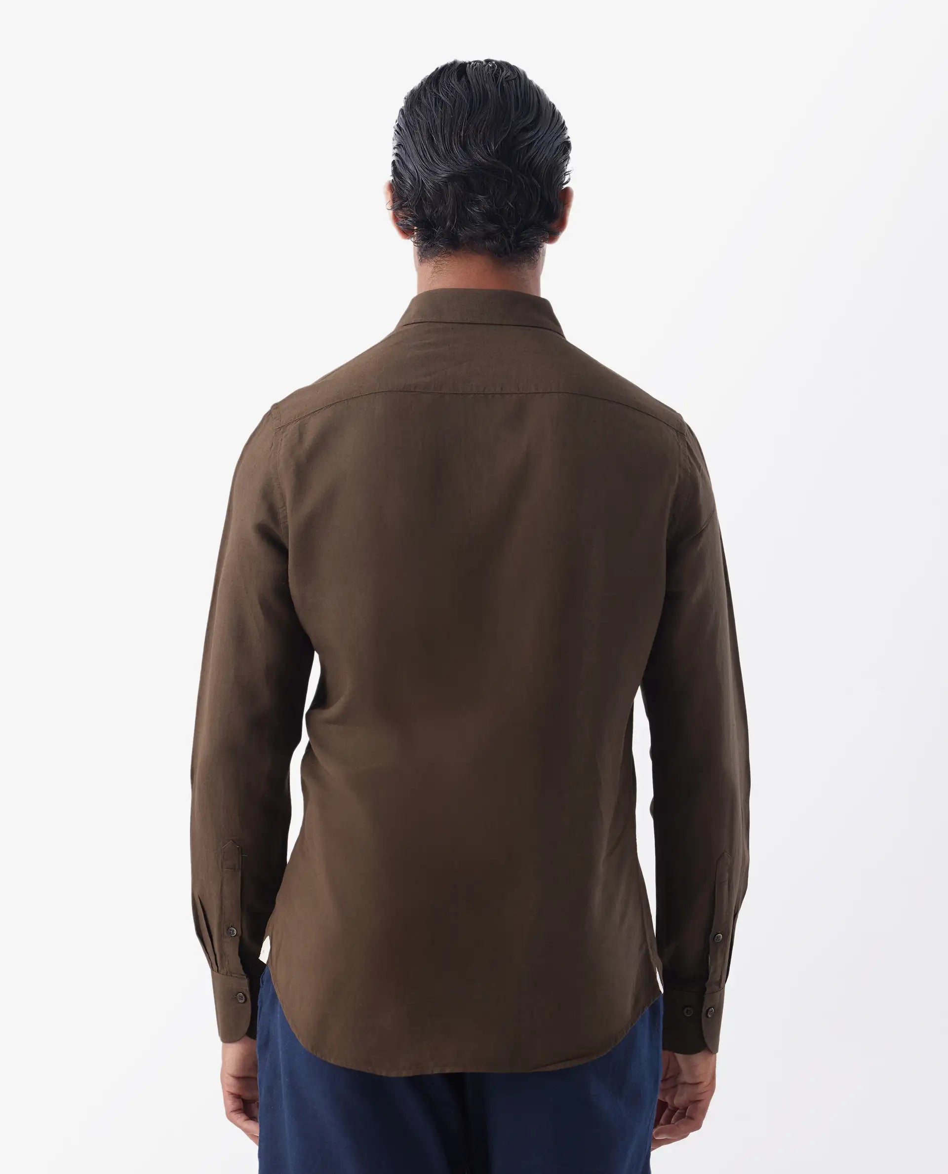 Rare Rabbit Men's Throna Brown Linen Blend Plain Regular Fit Full Sleeve Collared Shirt