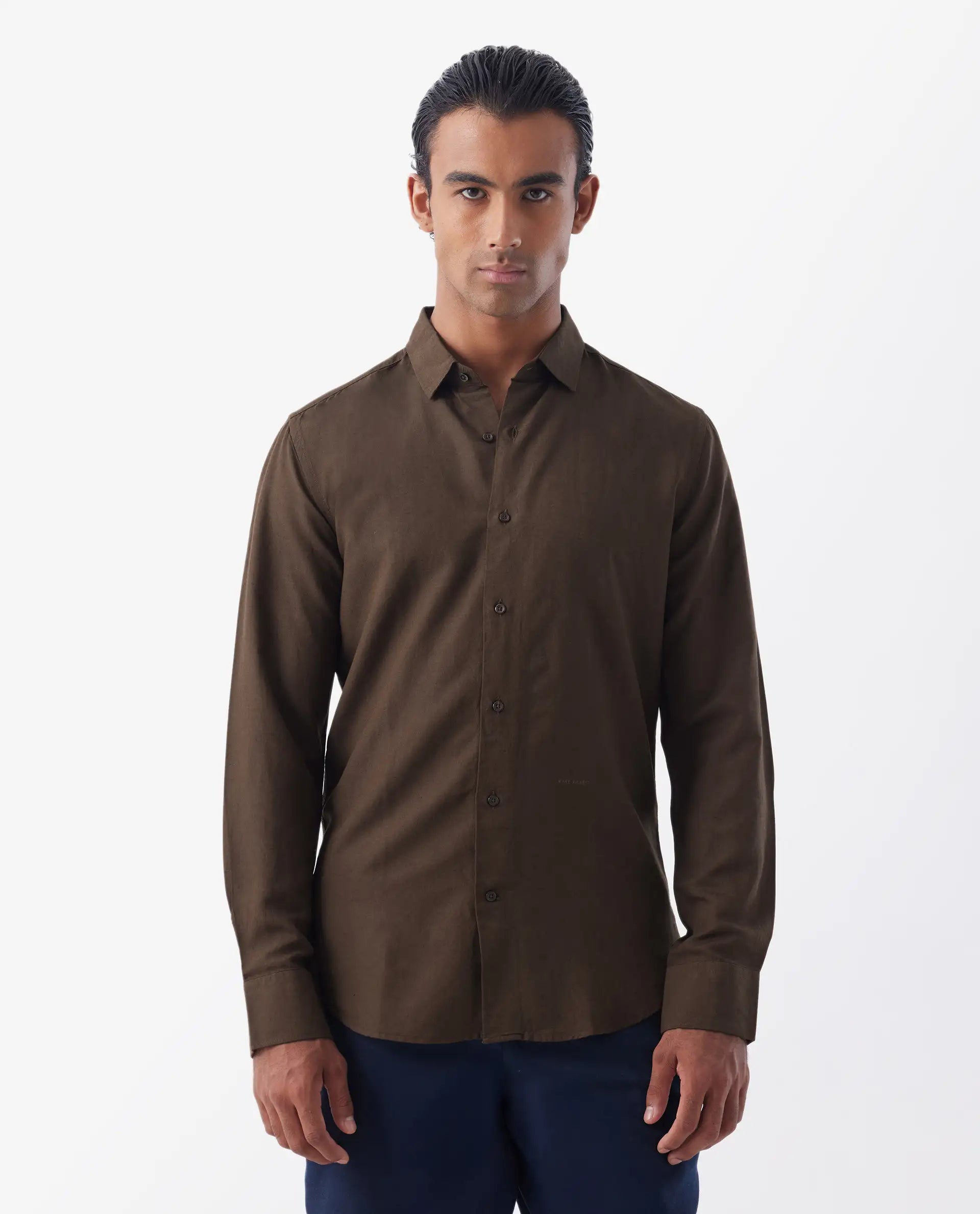 Rare Rabbit Men's Throna Brown Linen Blend Plain Regular Fit Full Sleeve Collared Shirt