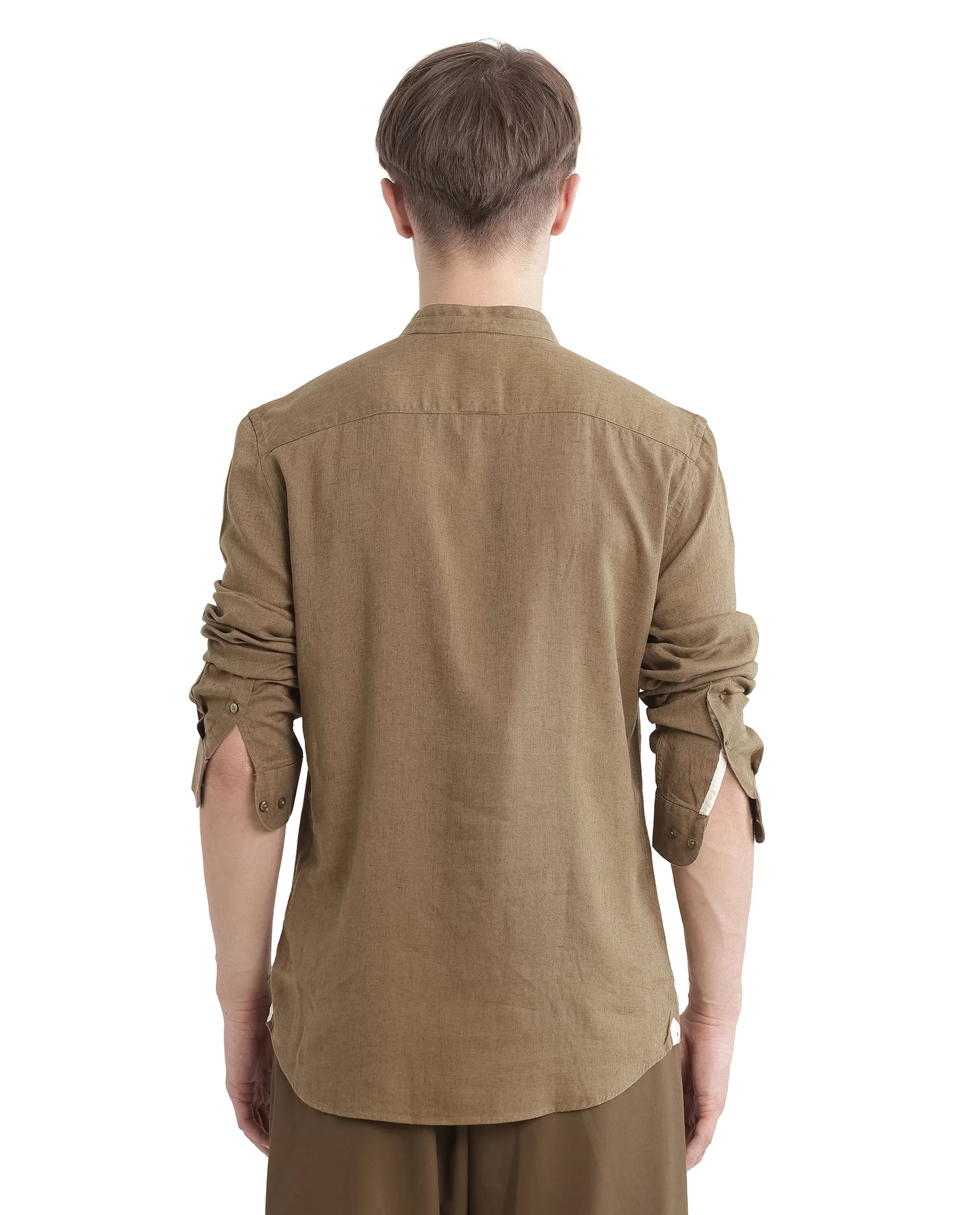 Rare Rabbit Men Throne Ls 25 Olive Lyocell Linen Fabric Full Sleeves Collared Neck Button Closure Woven Design Shirt