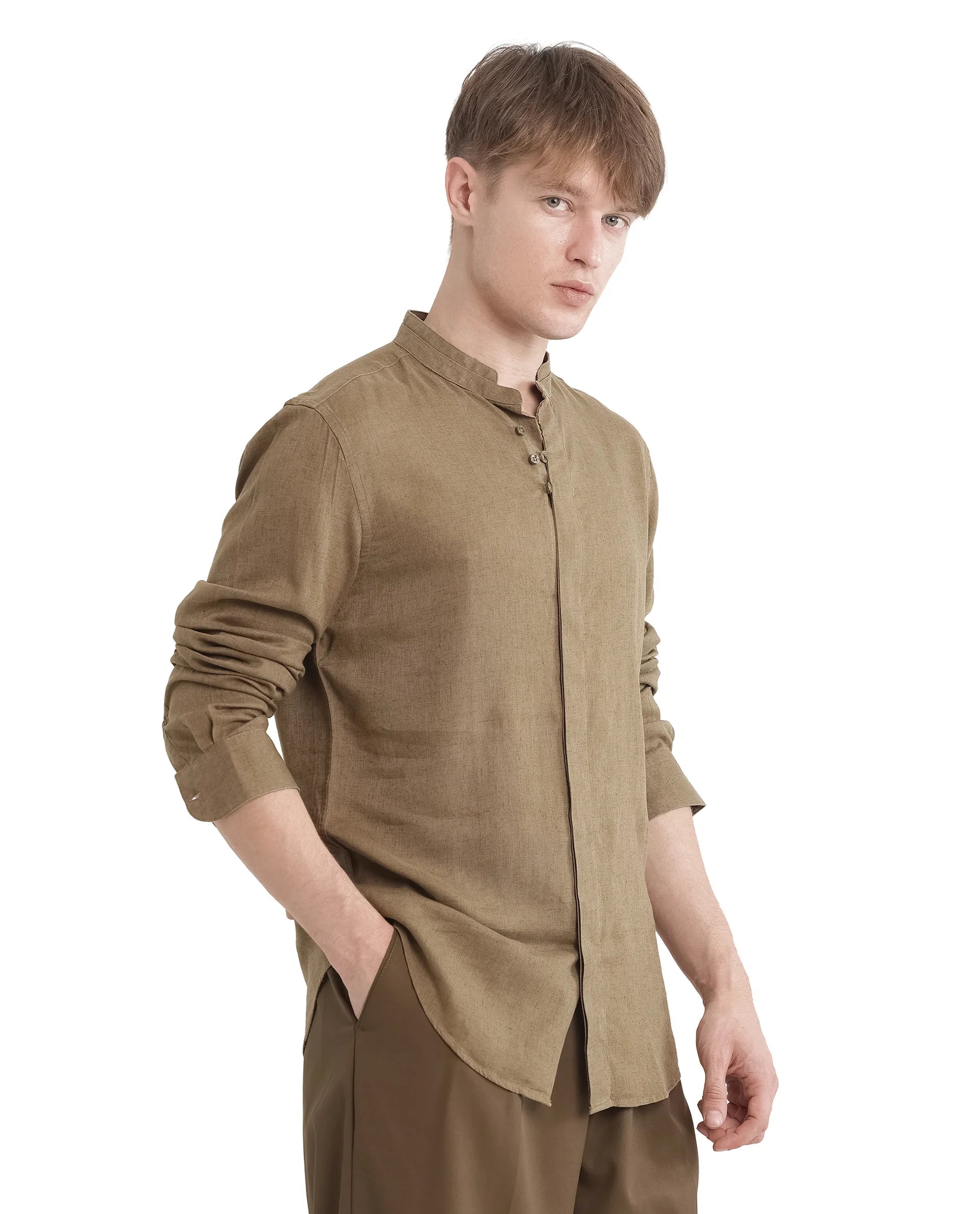 Rare Rabbit Men Throne Ls 25 Olive Lyocell Linen Fabric Full Sleeves Collared Neck Button Closure Woven Design Shirt