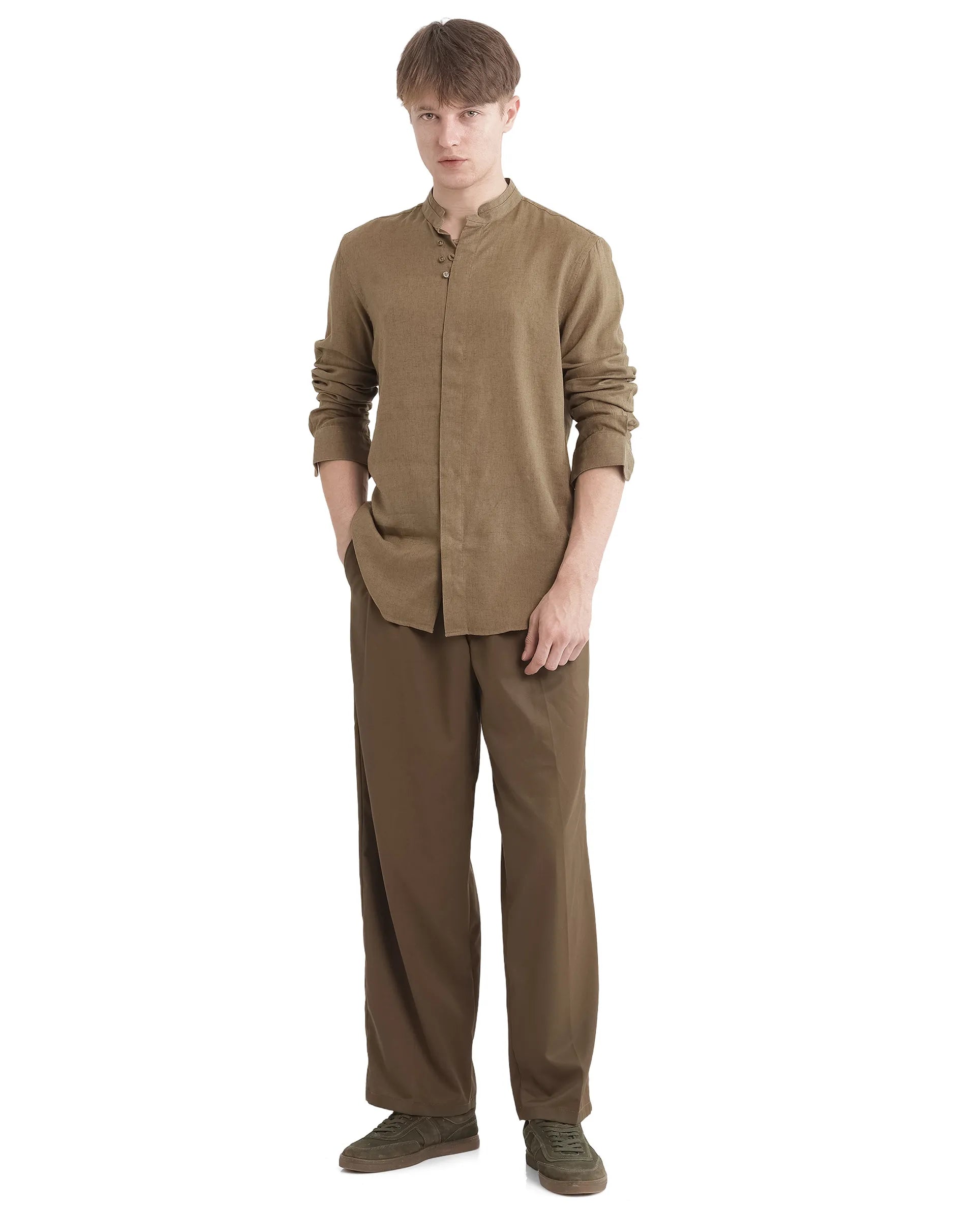 Rare Rabbit Men Throne Ls 25 Olive Lyocell Linen Fabric Full Sleeves Collared Neck Button Closure Woven Design Shirt