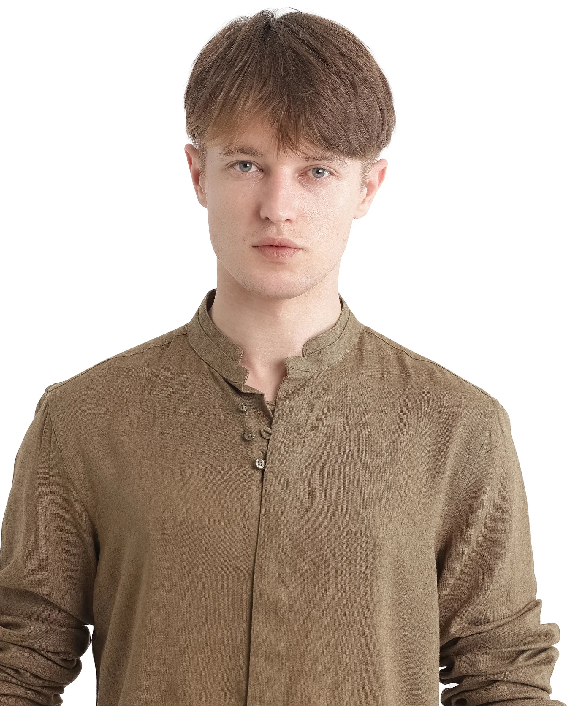 Rare Rabbit Men Throne Ls 25 Olive Lyocell Linen Fabric Full Sleeves Collared Neck Button Closure Woven Design Shirt