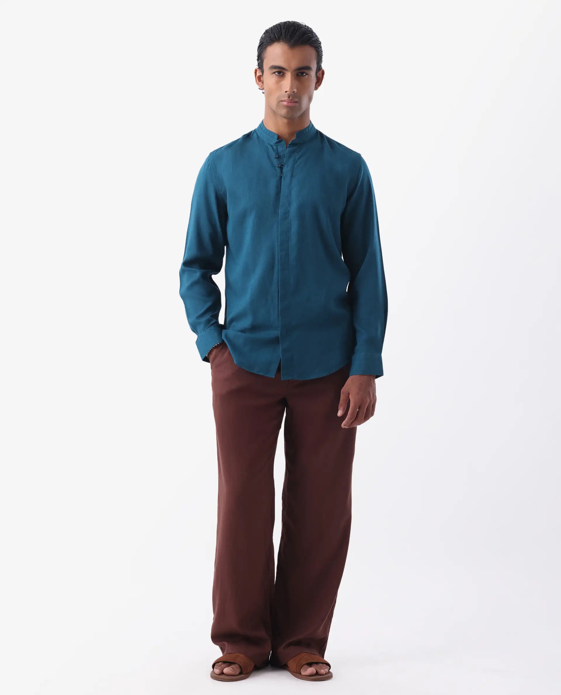 Rare Rabbit Men's Throne Ls-25 Teal Linen Blend Plain Regular Fit Full Sleeve Mandarin Collar Shirt