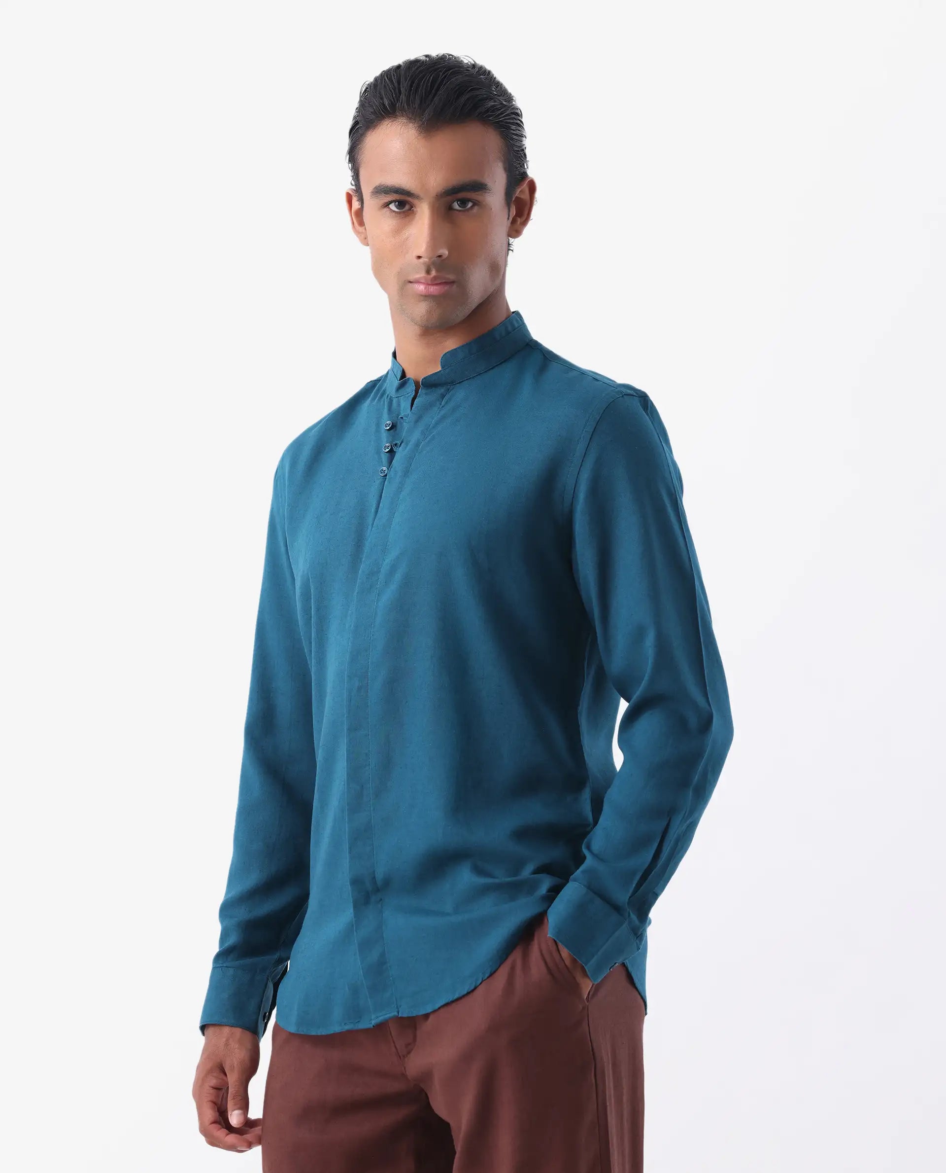 Rare Rabbit Men's Throne Ls-25 Teal Linen Blend Plain Regular Fit Full Sleeve Mandarin Collar Shirt