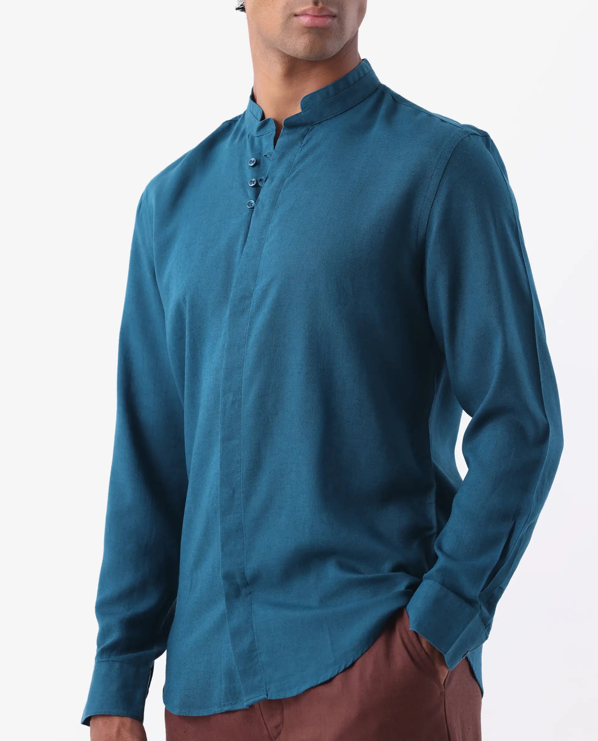 Rare Rabbit Men's Throne Ls-25 Teal Linen Blend Plain Regular Fit Full Sleeve Mandarin Collar Shirt