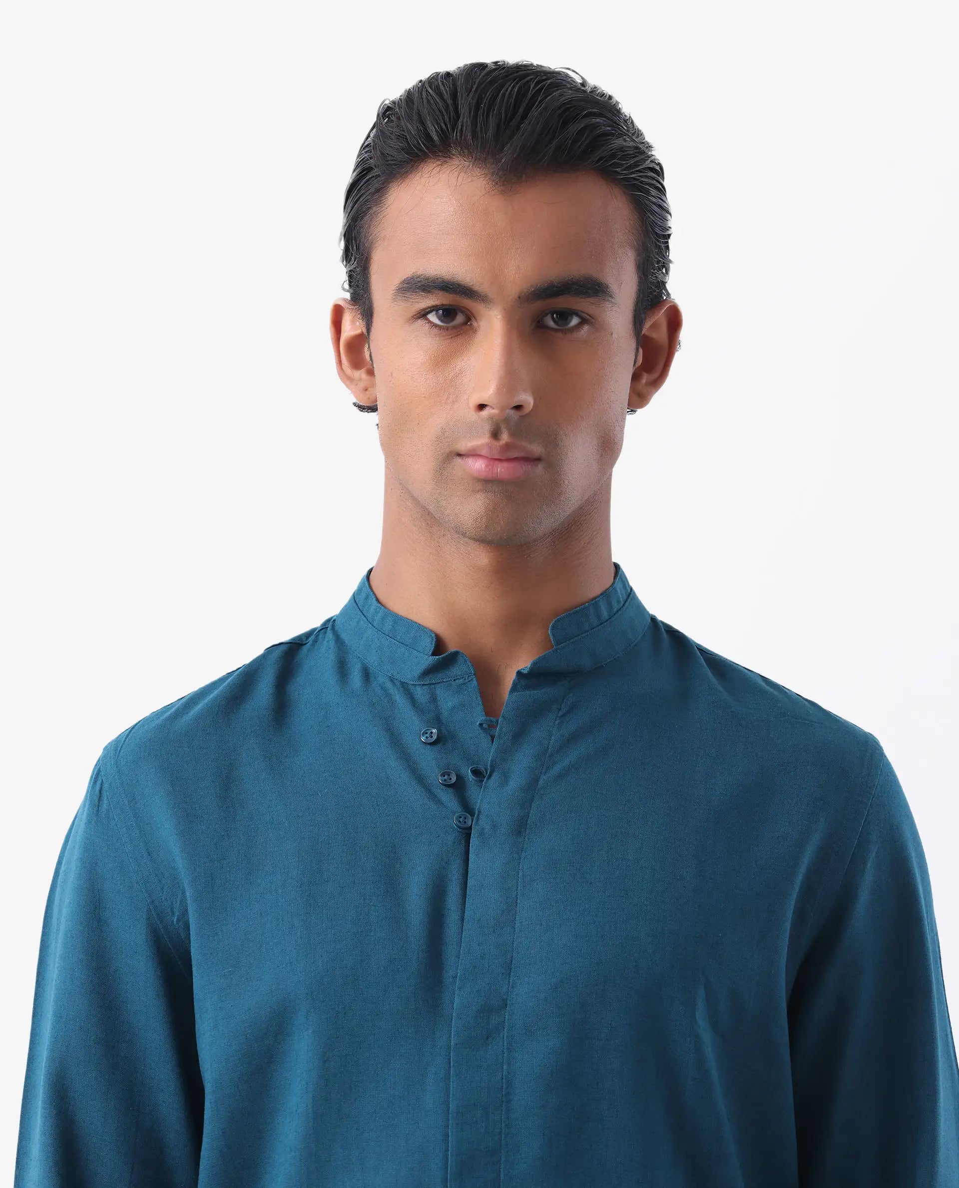 Rare Rabbit Men's Throne Ls-25 Teal Linen Blend Plain Regular Fit Full Sleeve Mandarin Collar Shirt