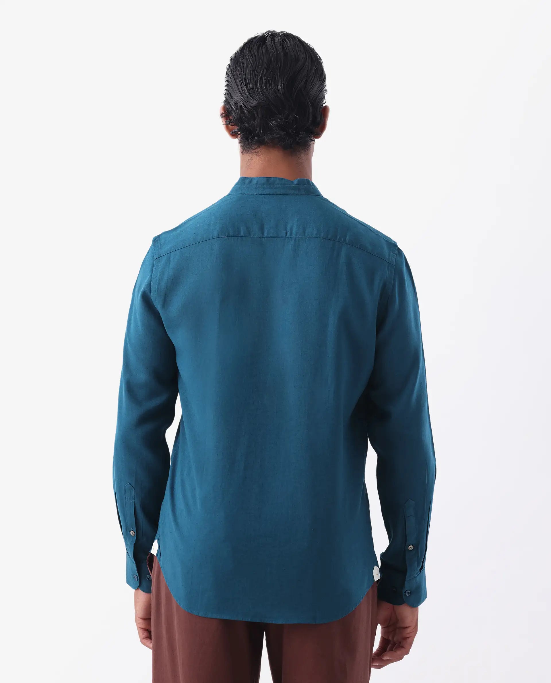 Rare Rabbit Men's Throne Ls-25 Teal Linen Blend Plain Regular Fit Full Sleeve Mandarin Collar Shirt