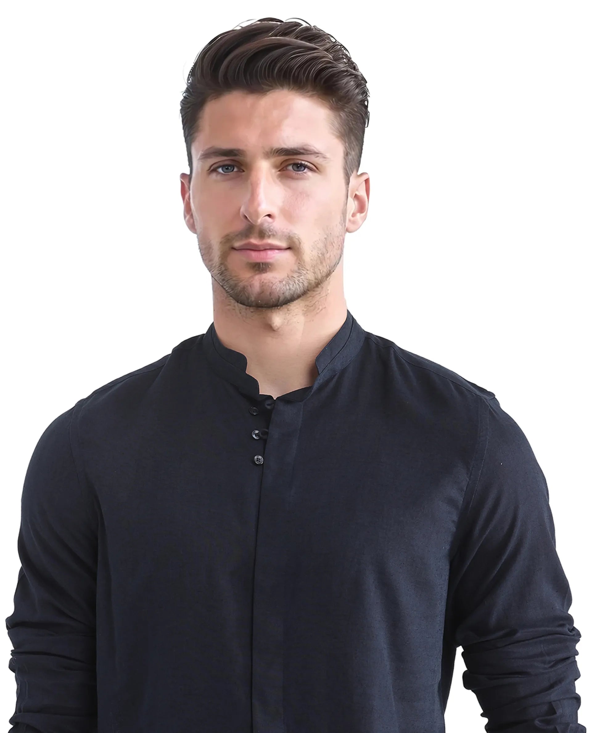 Rare Rabbit Men Throne Ls 25 Navy Lyocell Linen Fabric Full Sleeve Collared Neck Button Closure Plain Shirt