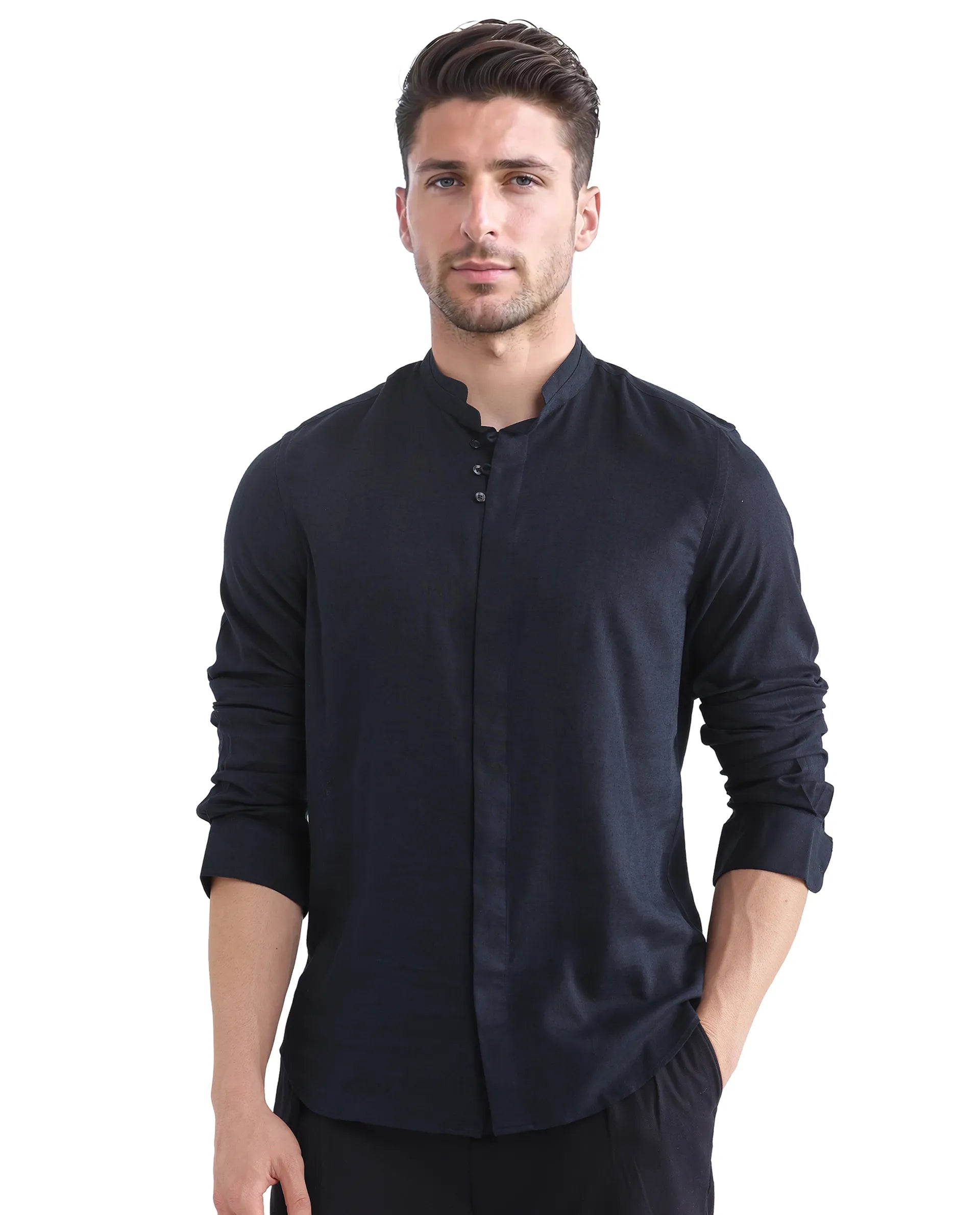 Rare Rabbit Men Throne Ls 25 Navy Lyocell Linen Fabric Full Sleeve Collared Neck Button Closure Plain Shirt