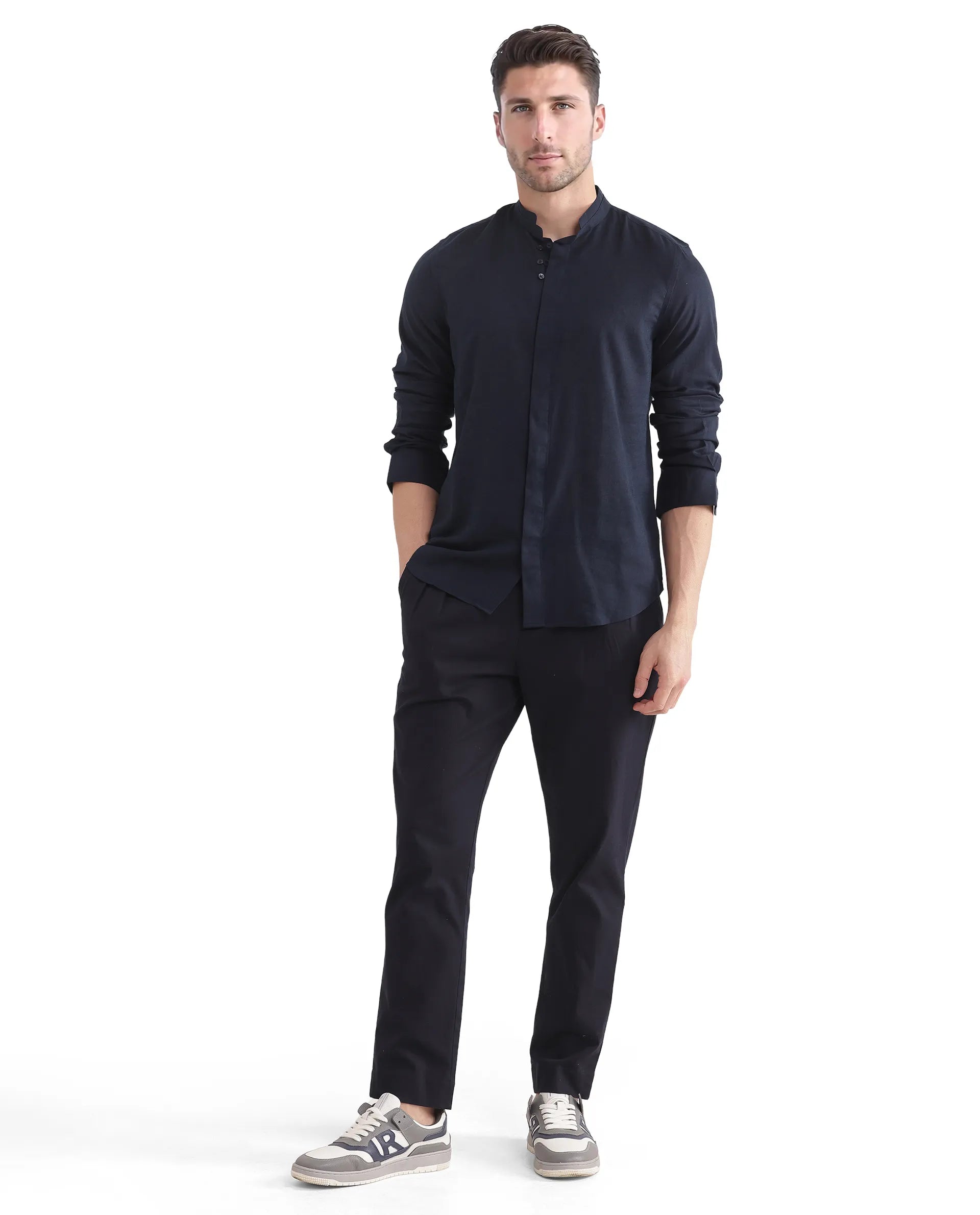 Rare Rabbit Men Throne Ls 25 Navy Lyocell Linen Fabric Full Sleeve Collared Neck Button Closure Plain Shirt