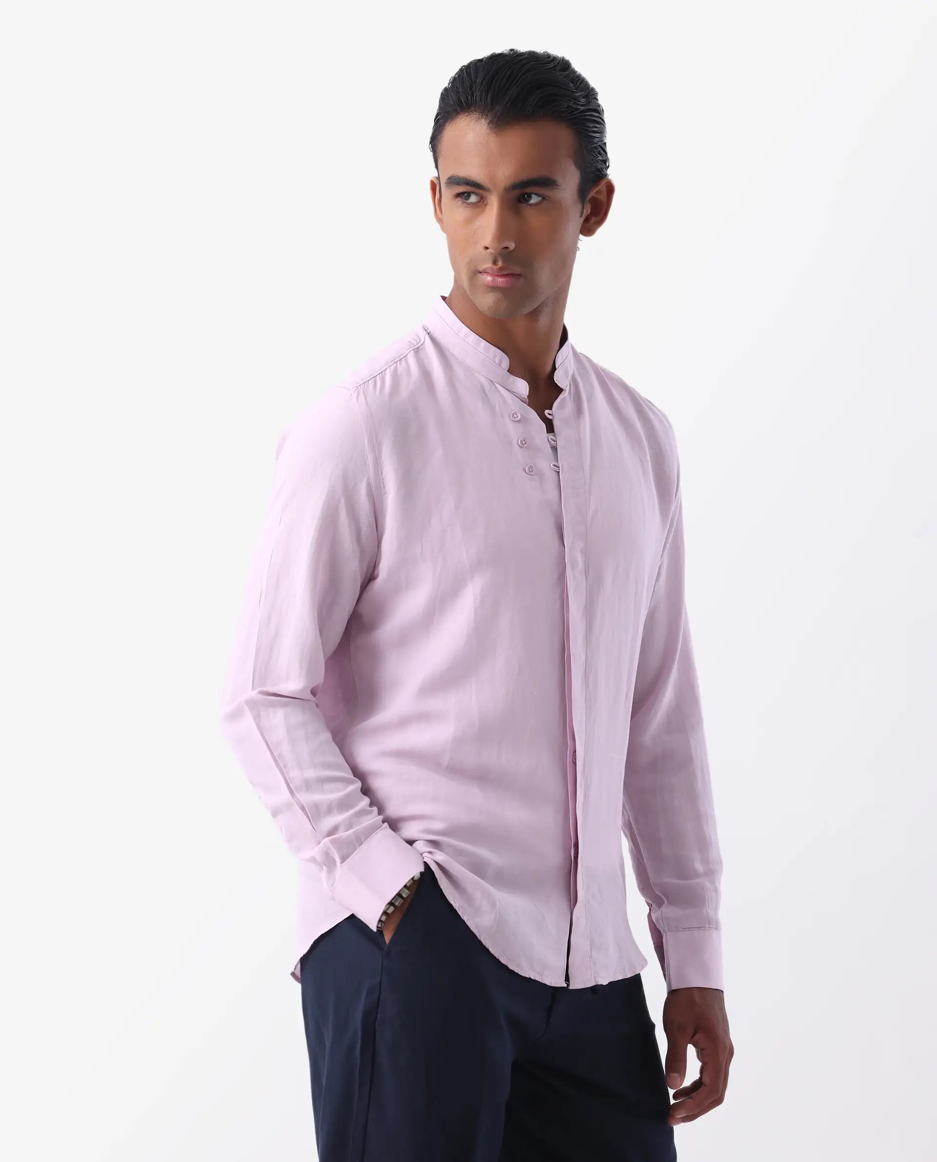 Rare Rabbit Men's Throne Pastel Pink 100% Linen Plain Regular Fit Full Sleeve Mandarin Collar Shirt