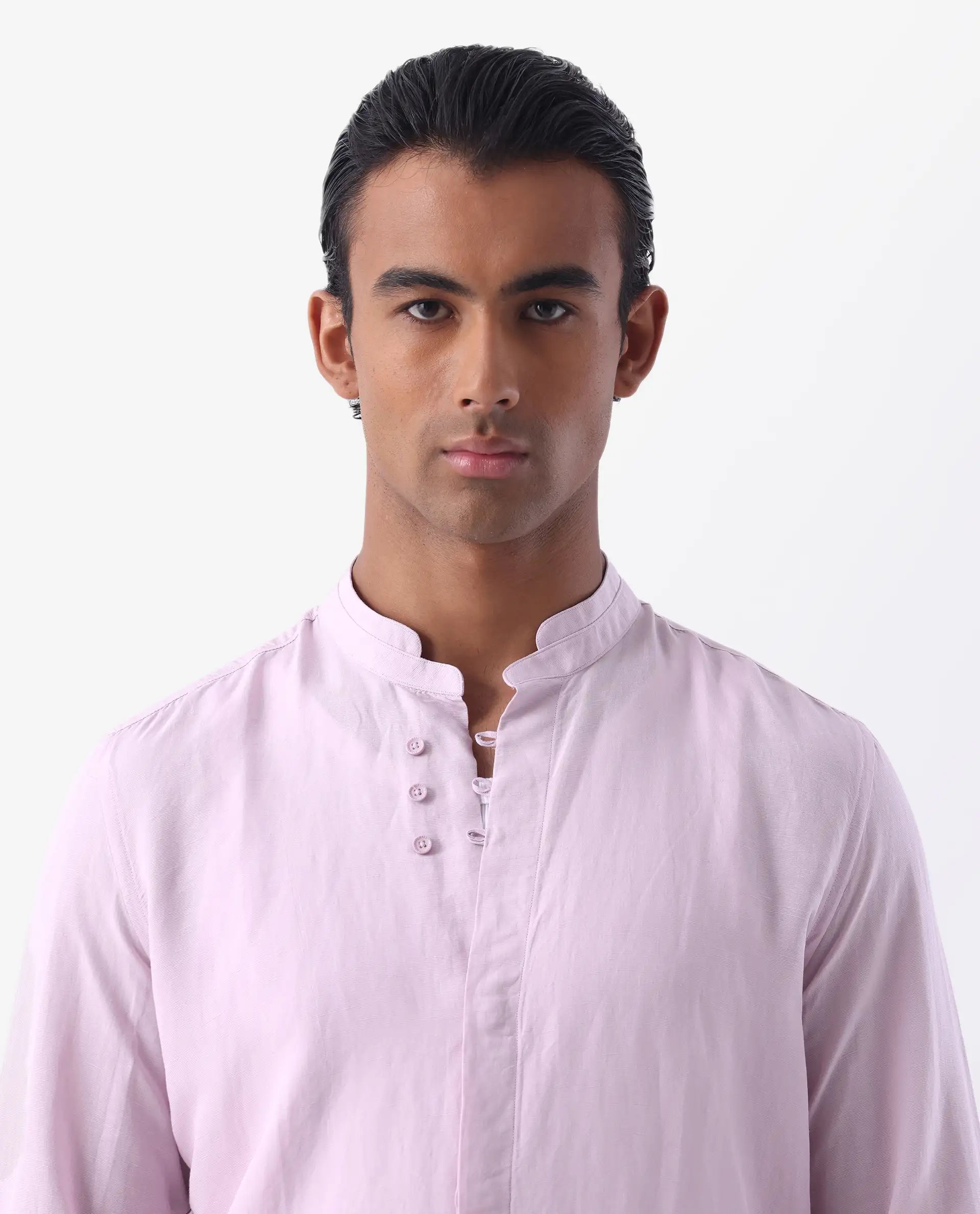 Rare Rabbit Men's Throne Pastel Pink 100% Linen Plain Regular Fit Full Sleeve Mandarin Collar Shirt