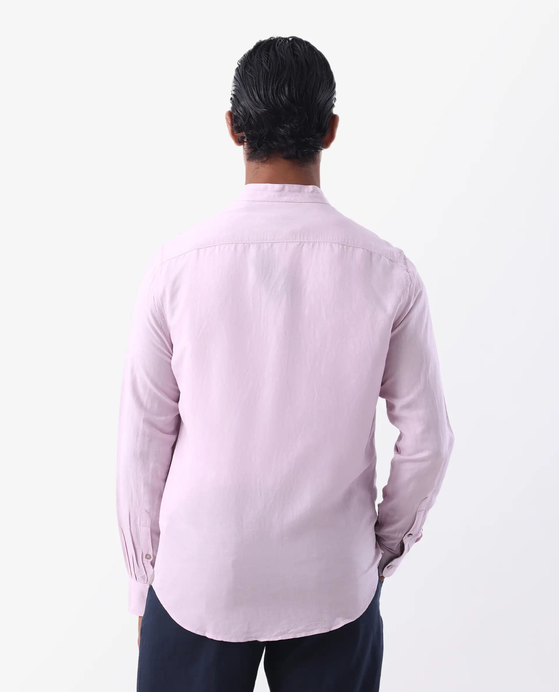 Rare Rabbit Men's Throne Pastel Pink 100% Linen Plain Regular Fit Full Sleeve Mandarin Collar Shirt