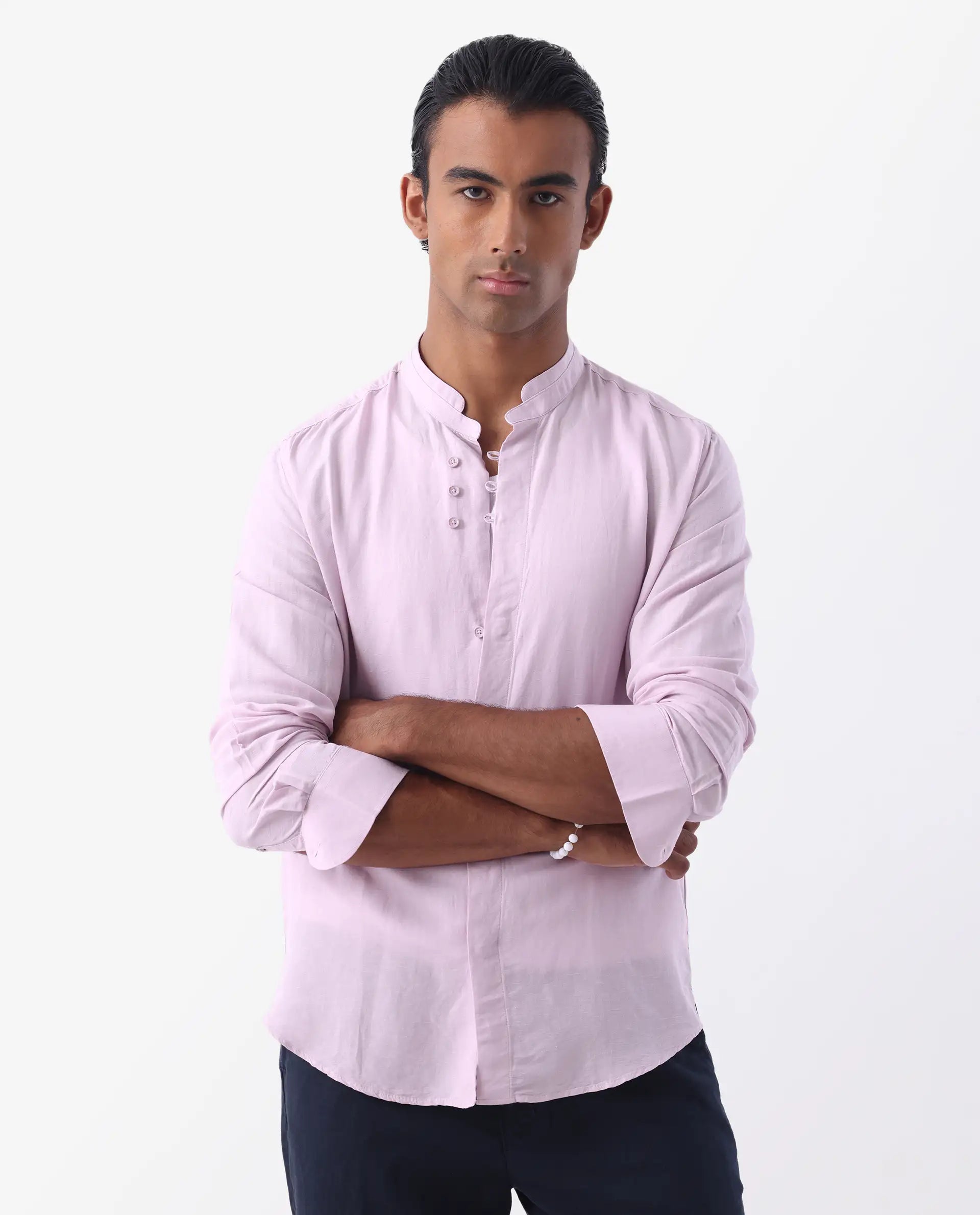 Rare Rabbit Men's Throne Pastel Pink 100% Linen Plain Regular Fit Full Sleeve Mandarin Collar Shirt