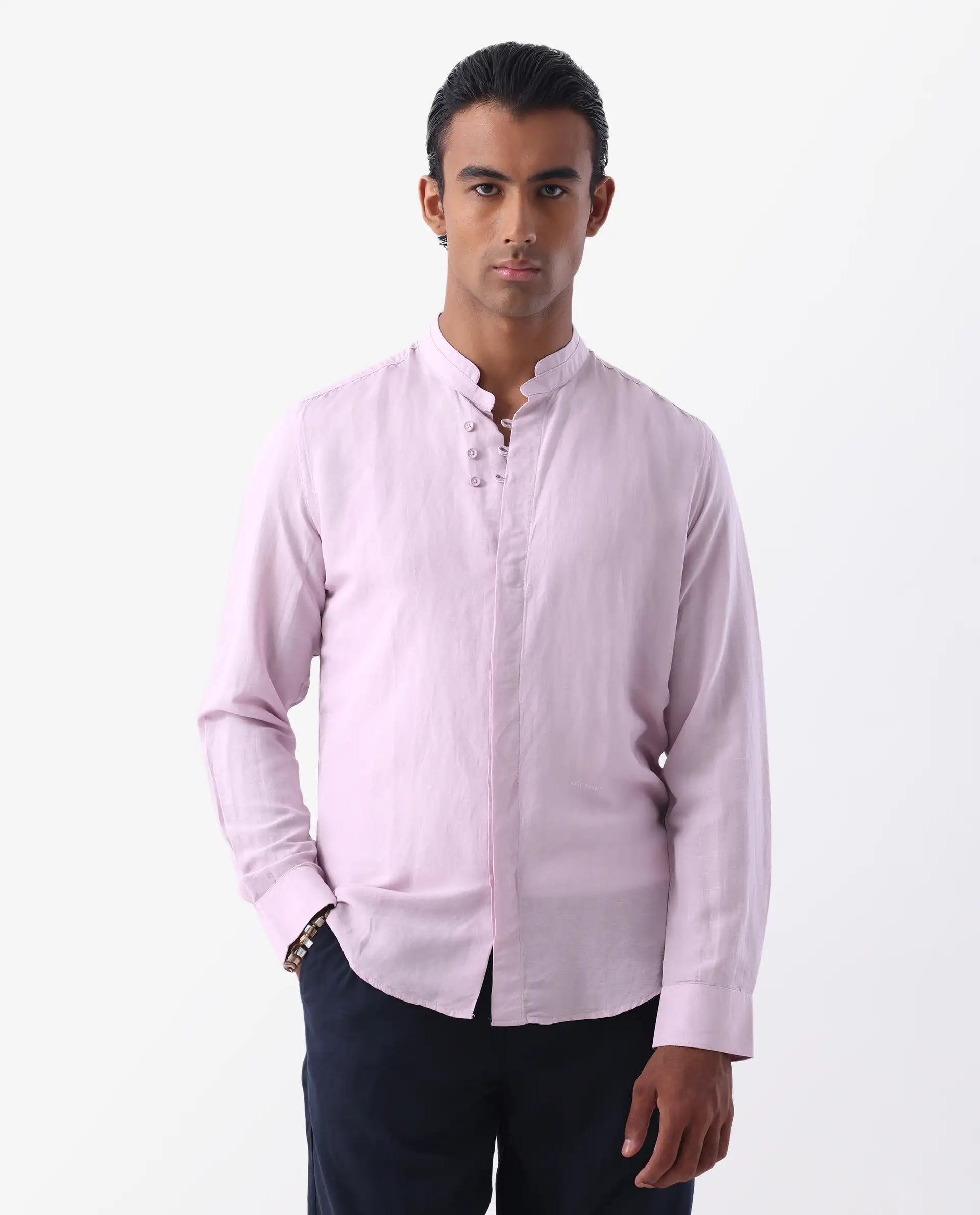 Rare Rabbit Men's Throne Pastel Pink 100% Linen Plain Regular Fit Full Sleeve Mandarin Collar Shirt