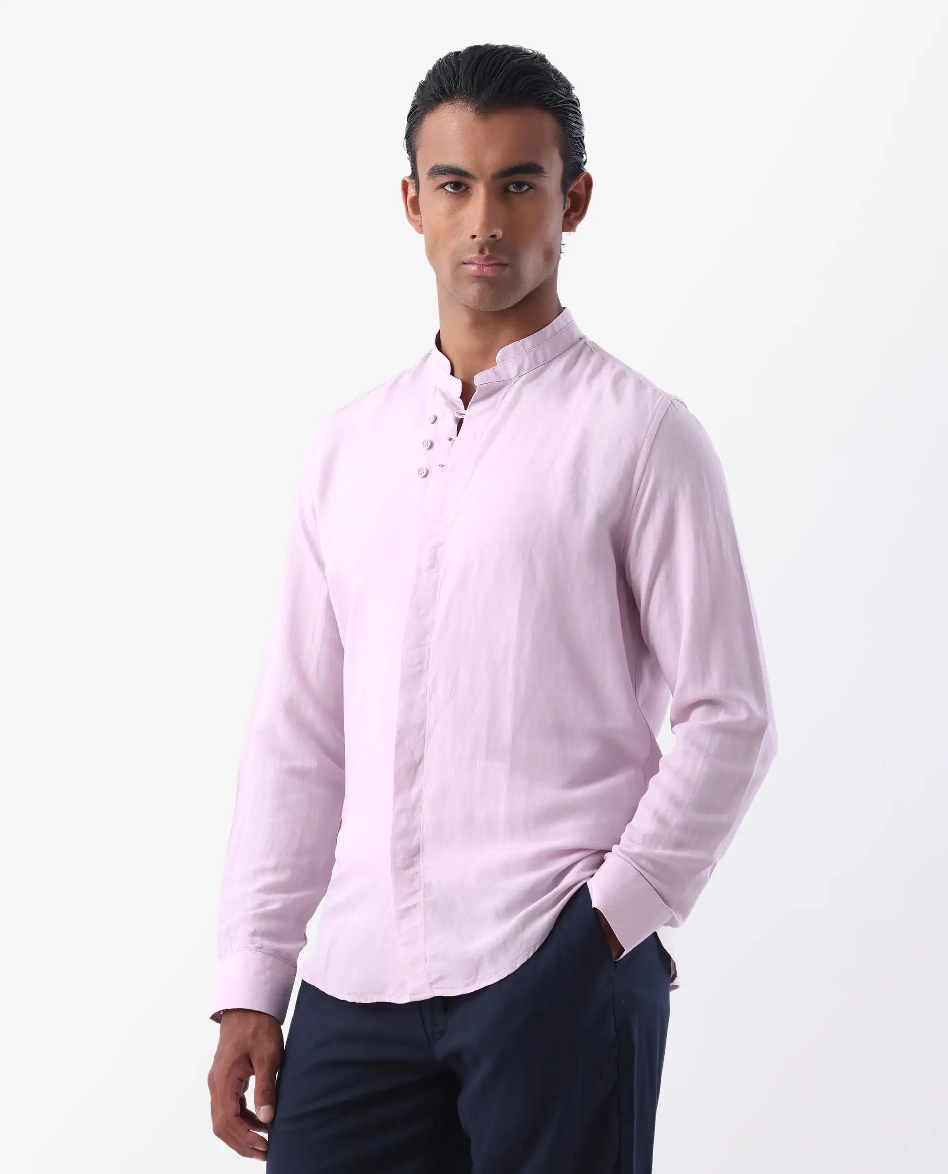 Rare Rabbit Men's Throne Pastel Pink 100% Linen Plain Regular Fit Full Sleeve Mandarin Collar Shirt