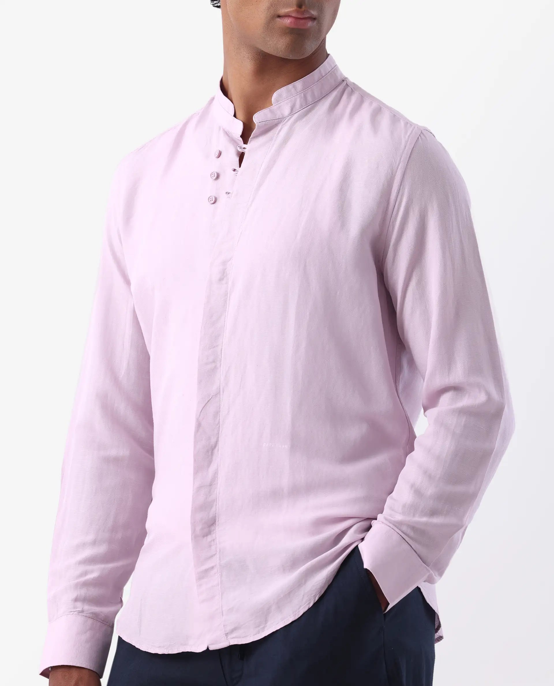 Rare Rabbit Men's Throne Pastel Pink 100% Linen Plain Regular Fit Full Sleeve Mandarin Collar Shirt