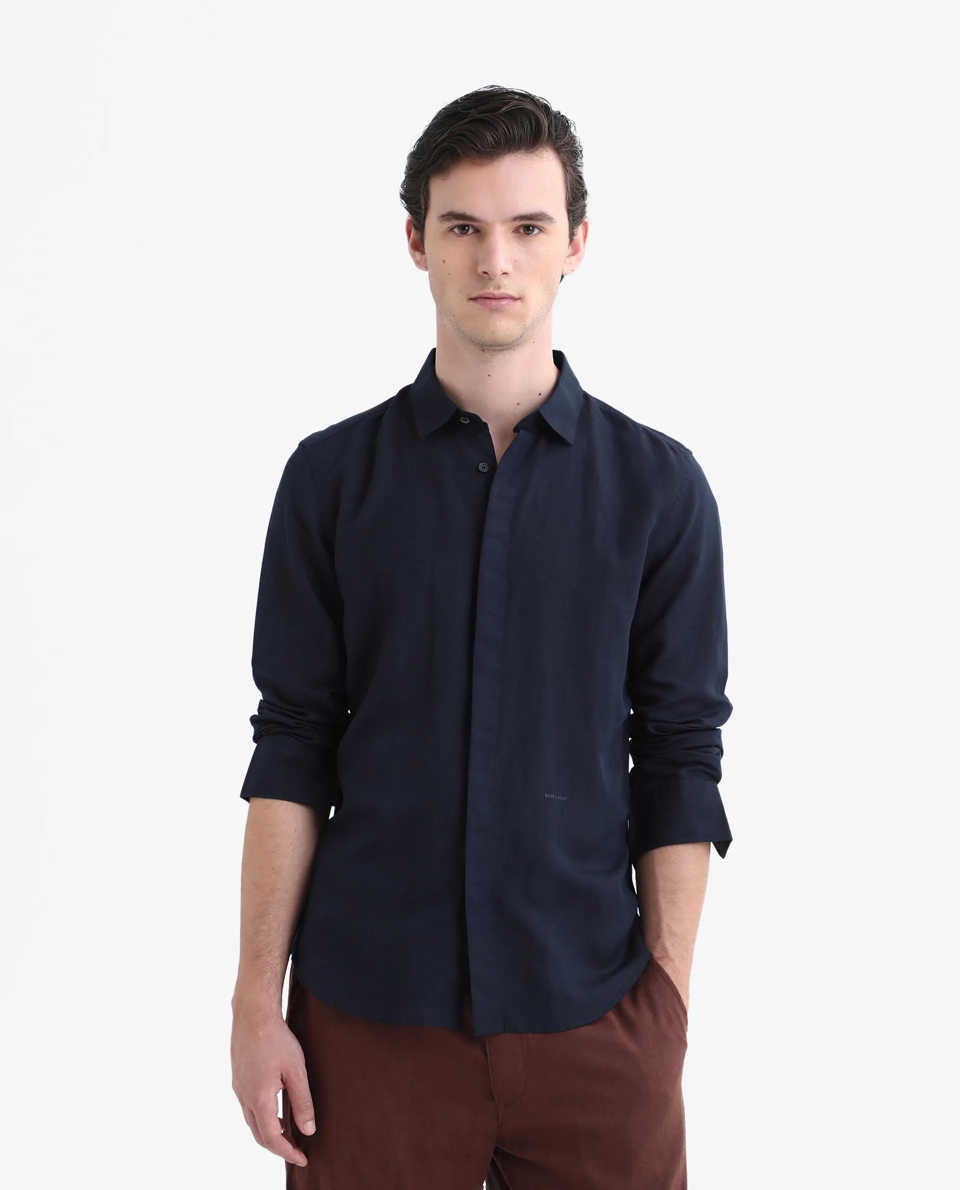 Rare Rabbit Men's Throner Navy Linen Blend Plain Regular Fit Full Sleeve Collared Shirt