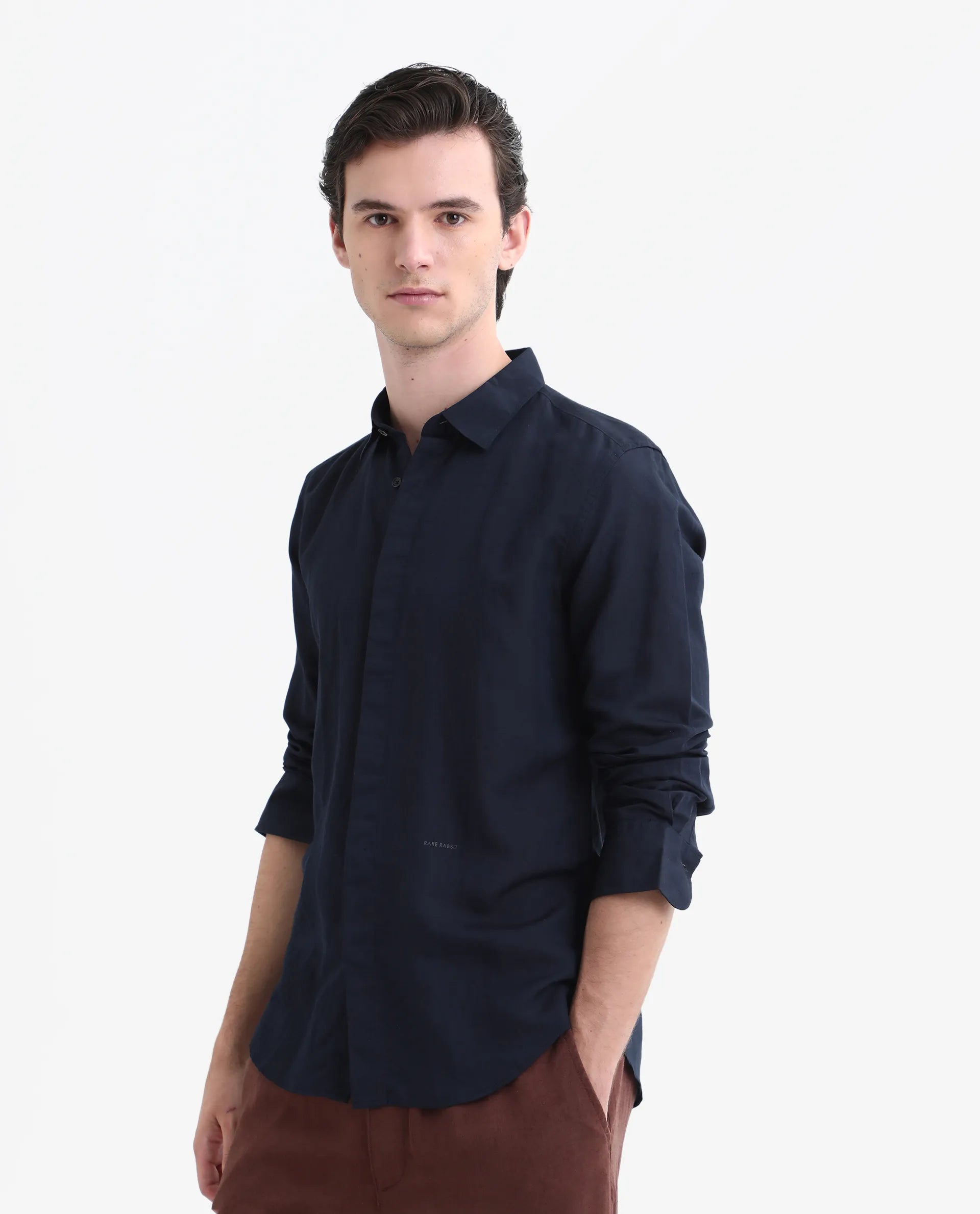 Rare Rabbit Men's Throner Navy Linen Blend Plain Regular Fit Full Sleeve Collared Shirt