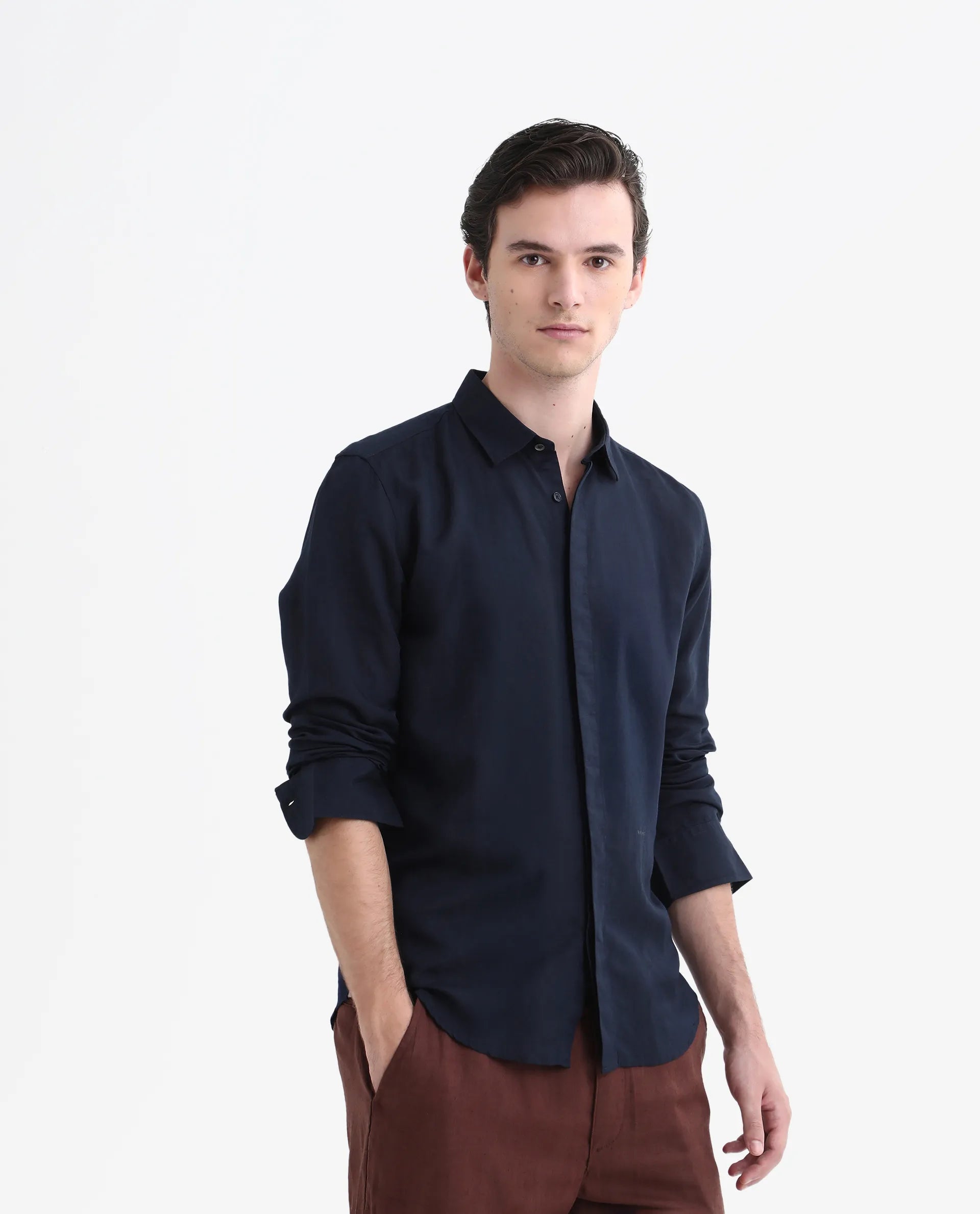 Rare Rabbit Men's Throner Navy Linen Blend Plain Regular Fit Full Sleeve Collared Shirt