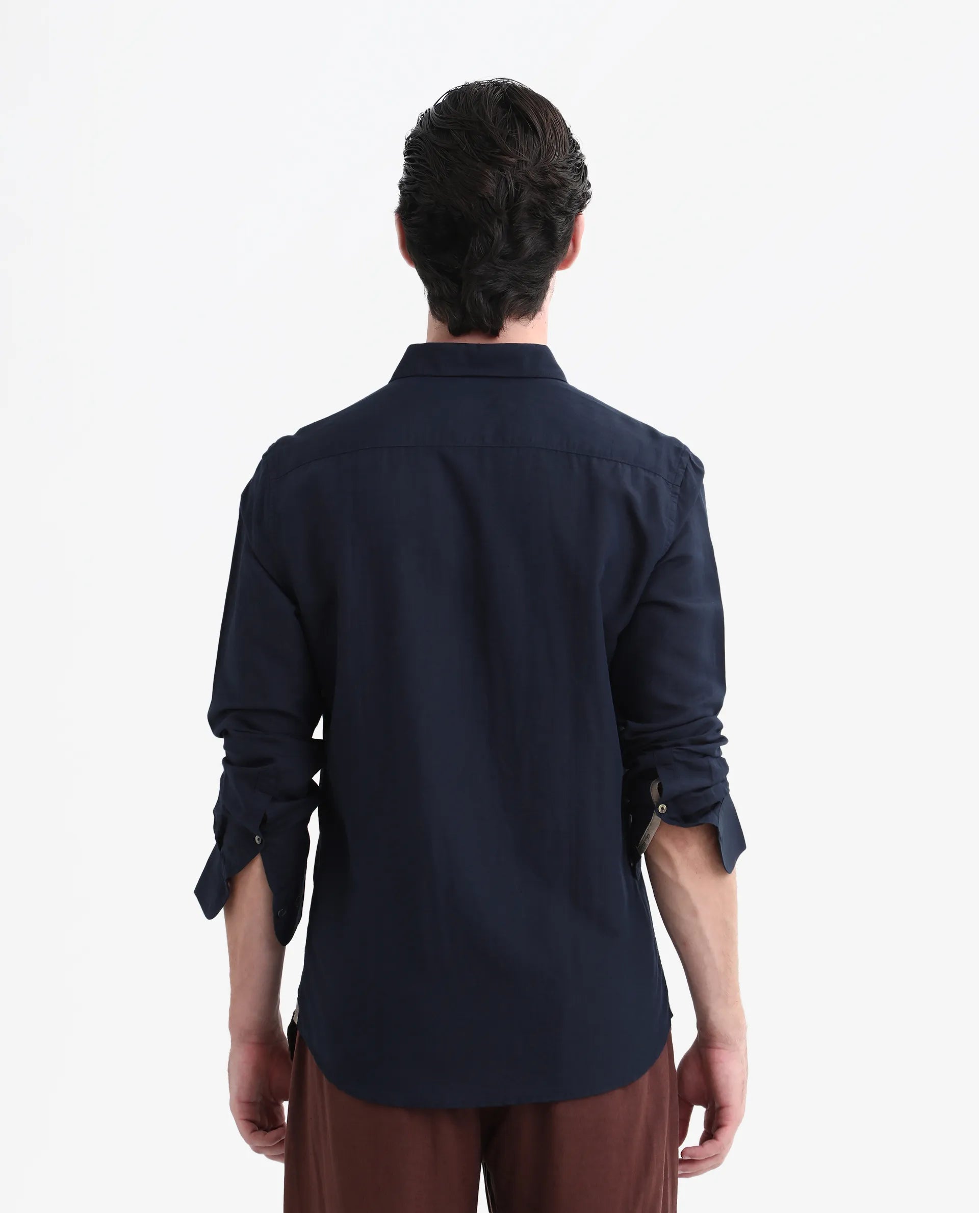 Rare Rabbit Men's Throner Navy Linen Blend Plain Regular Fit Full Sleeve Collared Shirt