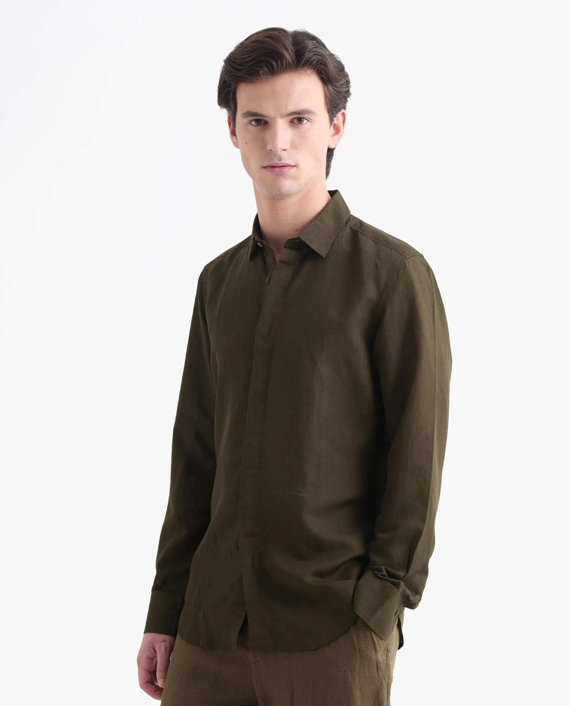 Rare Rabbit Men's Throner Olive Linen Blend Plain Regular Fit Full Sleeve Collared Shirt