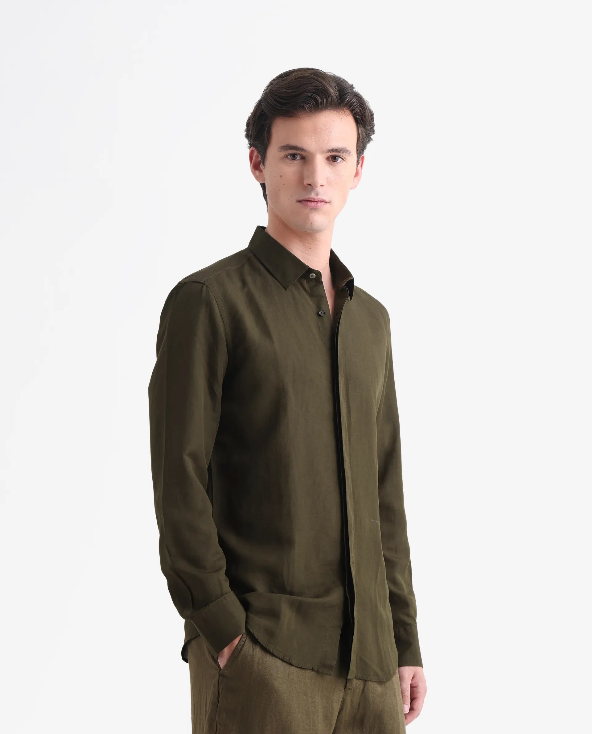 Rare Rabbit Men's Throner Olive Linen Blend Plain Regular Fit Full Sleeve Collared Shirt