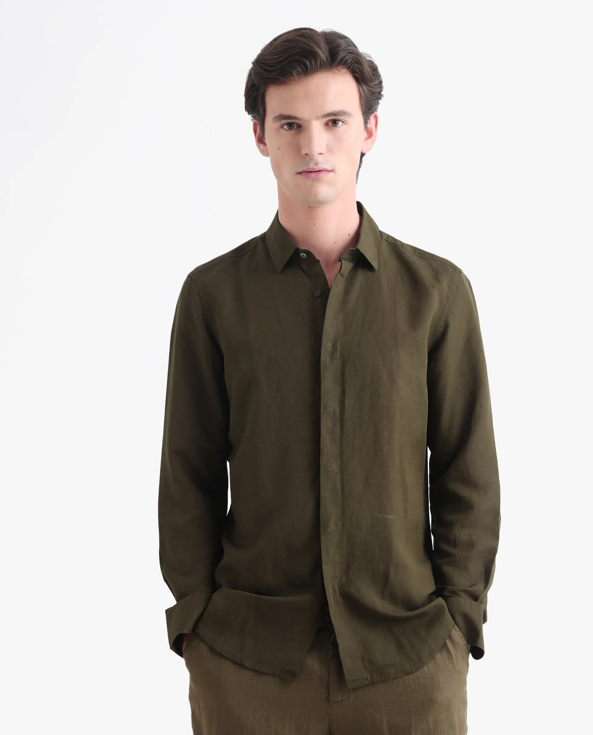 Rare Rabbit Men's Throner Olive Linen Blend Plain Regular Fit Full Sleeve Collared Shirt
