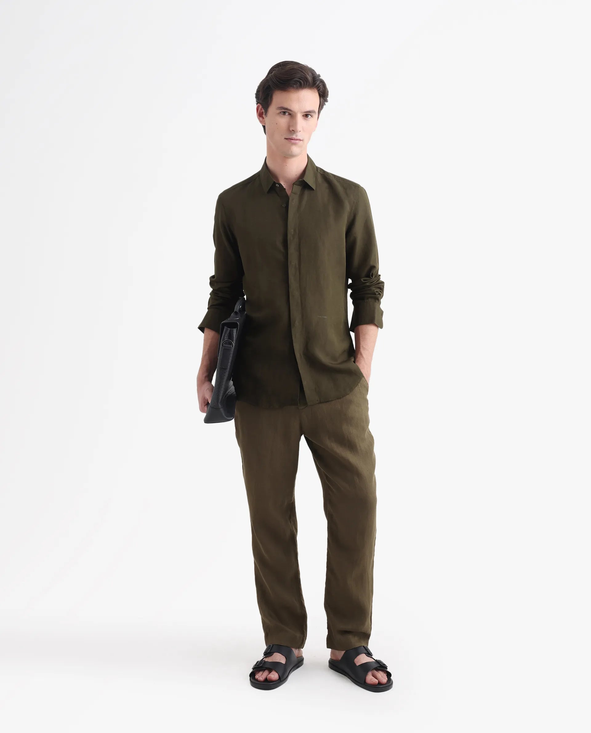 Rare Rabbit Men's Throner Olive Linen Blend Plain Regular Fit Full Sleeve Collared Shirt