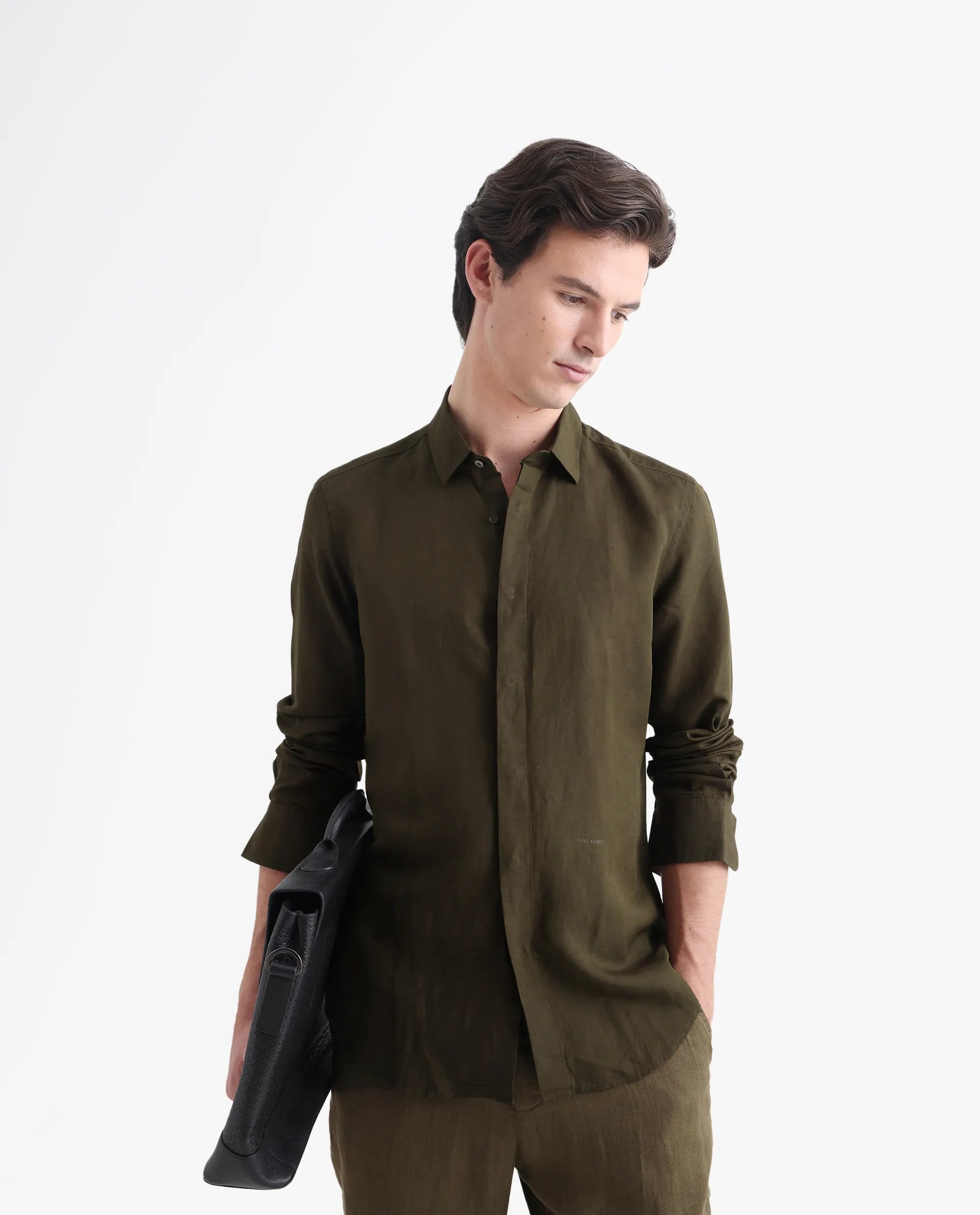 Rare Rabbit Men's Throner Olive Linen Blend Plain Regular Fit Full Sleeve Collared Shirt