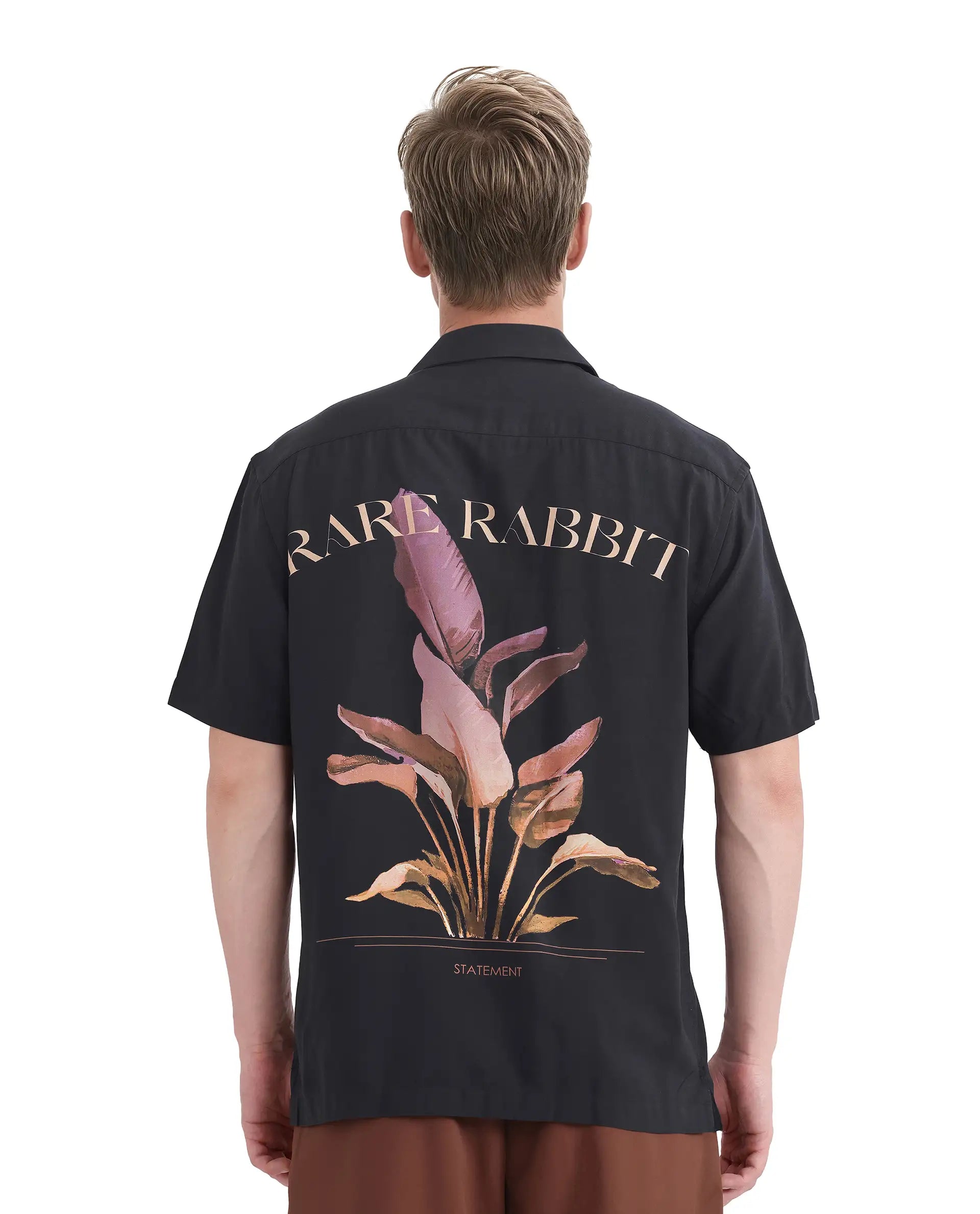 Rare Rabbit Men Thuban Black Cotton Fabric Half Sleeve Cuban Collared Button Closure Floral Print Shirt