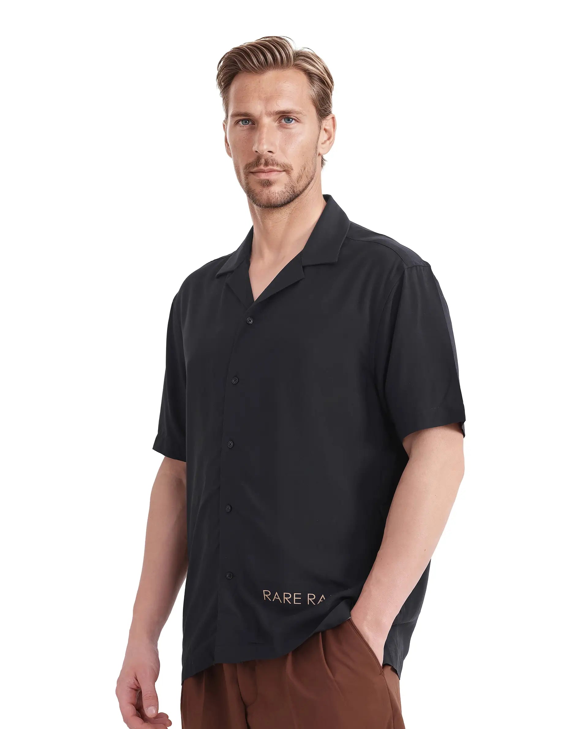 Rare Rabbit Men Thuban Black Cotton Fabric Half Sleeve Cuban Collared Button Closure Floral Print Shirt