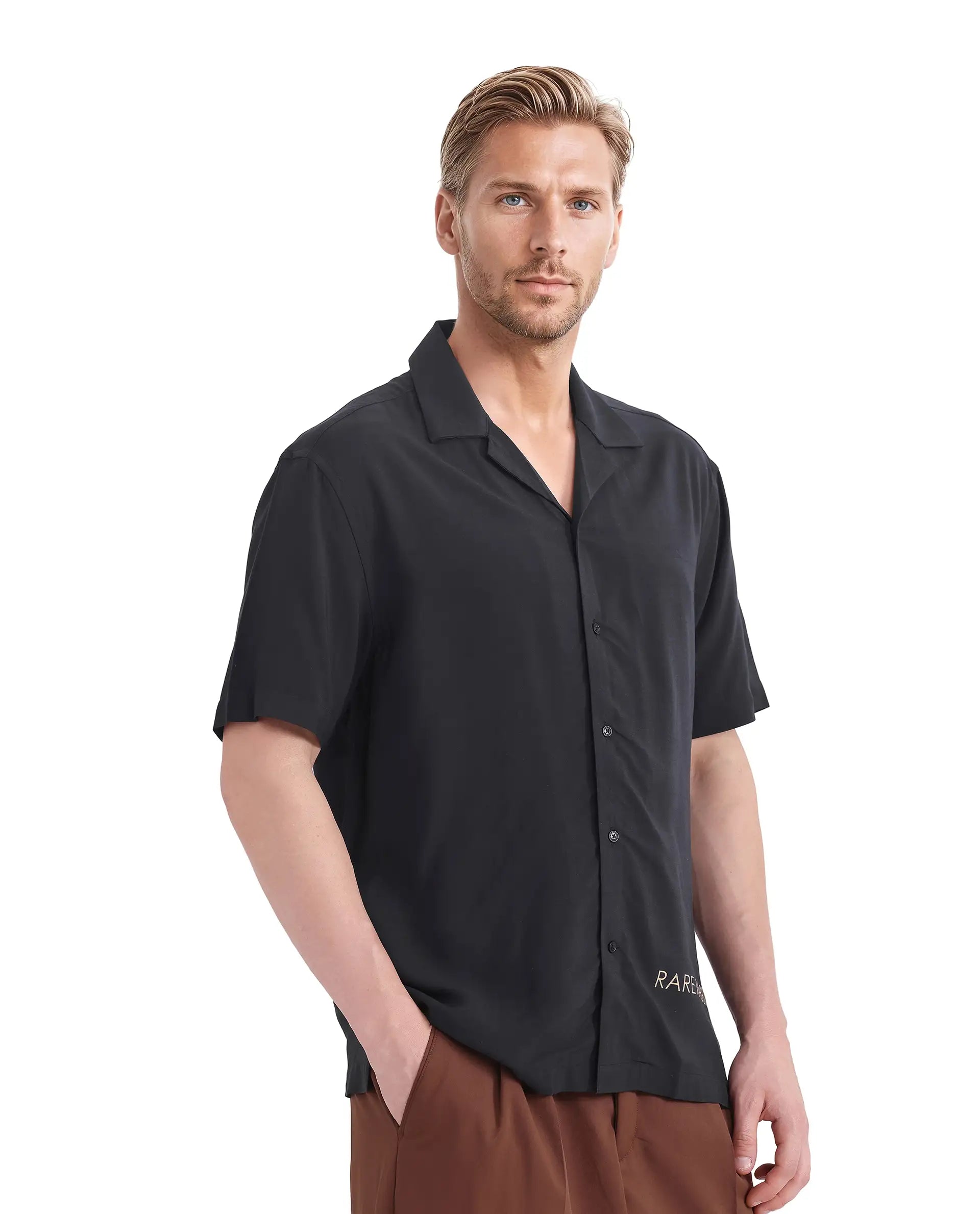 Rare Rabbit Men Thuban Black Cotton Fabric Half Sleeve Cuban Collared Button Closure Floral Print Shirt