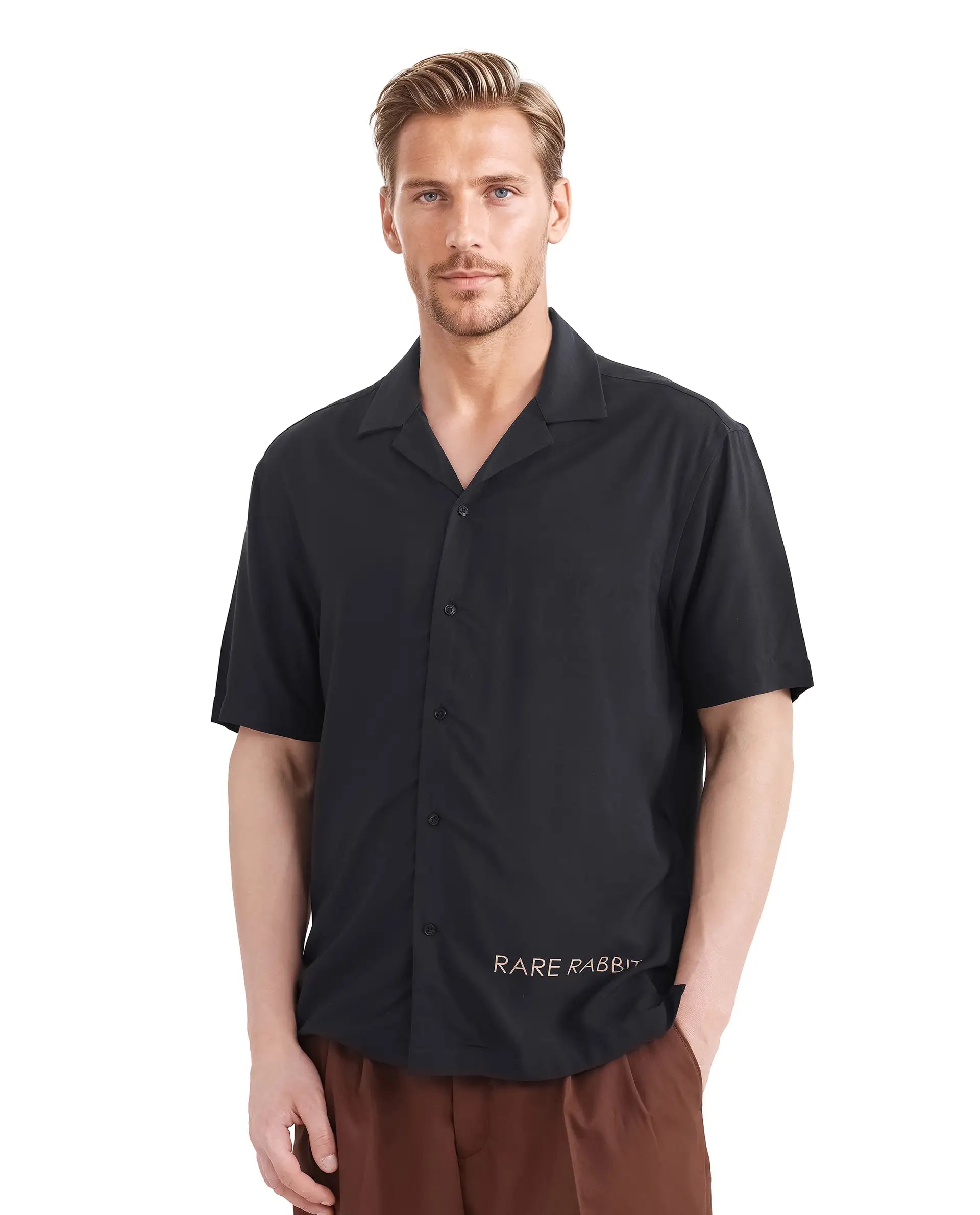 Rare Rabbit Men Thuban Black Cotton Fabric Half Sleeve Cuban Collared Button Closure Floral Print Shirt