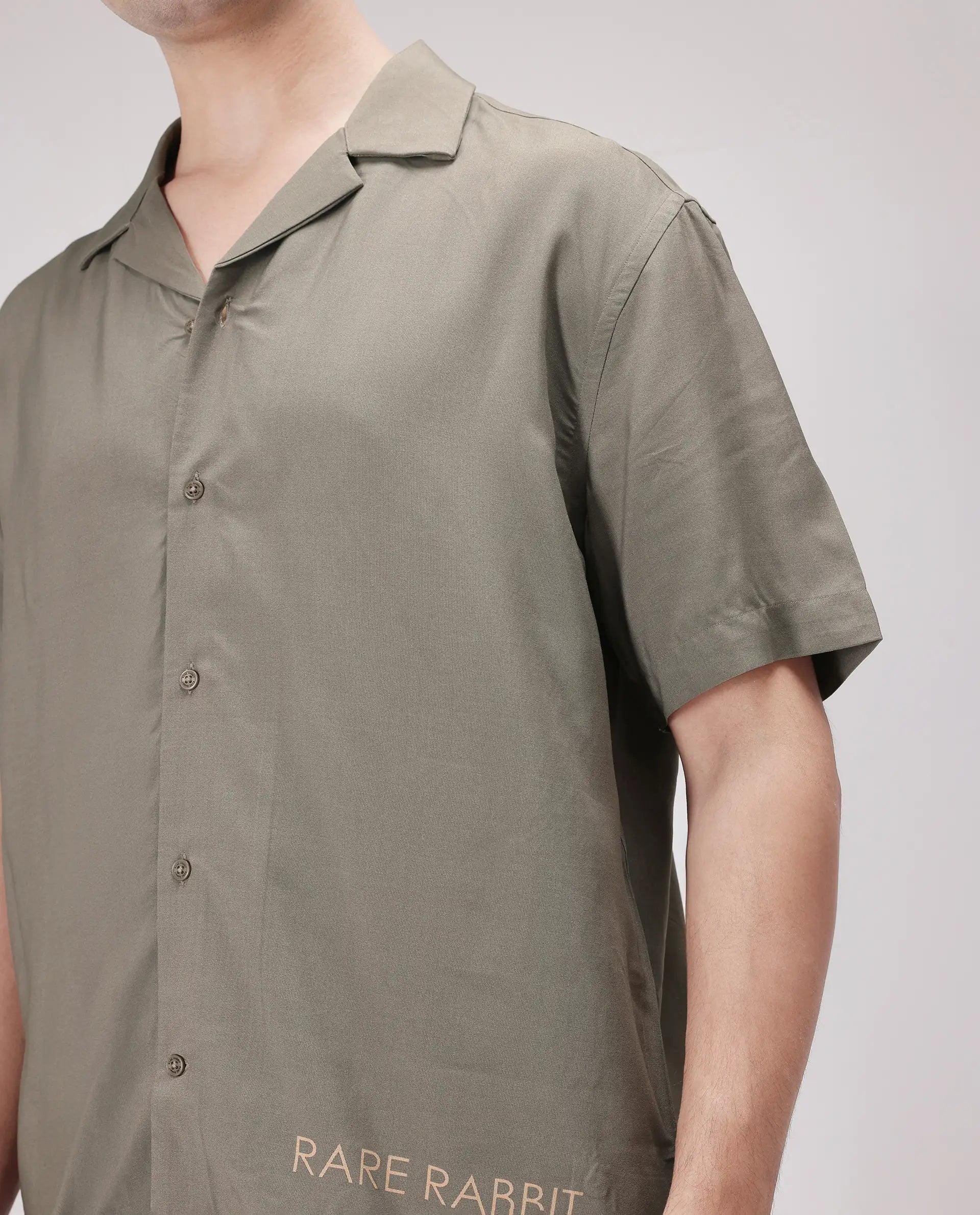 Rare Rabbit Men Thuban Olive Cotton Fabric Full Sleeve Cuban Collar Button Closure Floral Back Print Shirt
