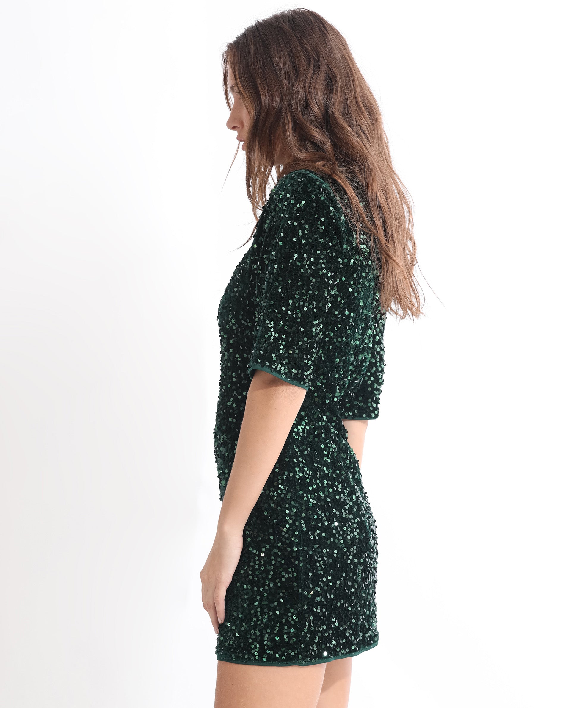 Rareism Women Tiana Sheen Green Sequined Round Neck 3/4 Sleeves And Back Zip Closure Mini Dress