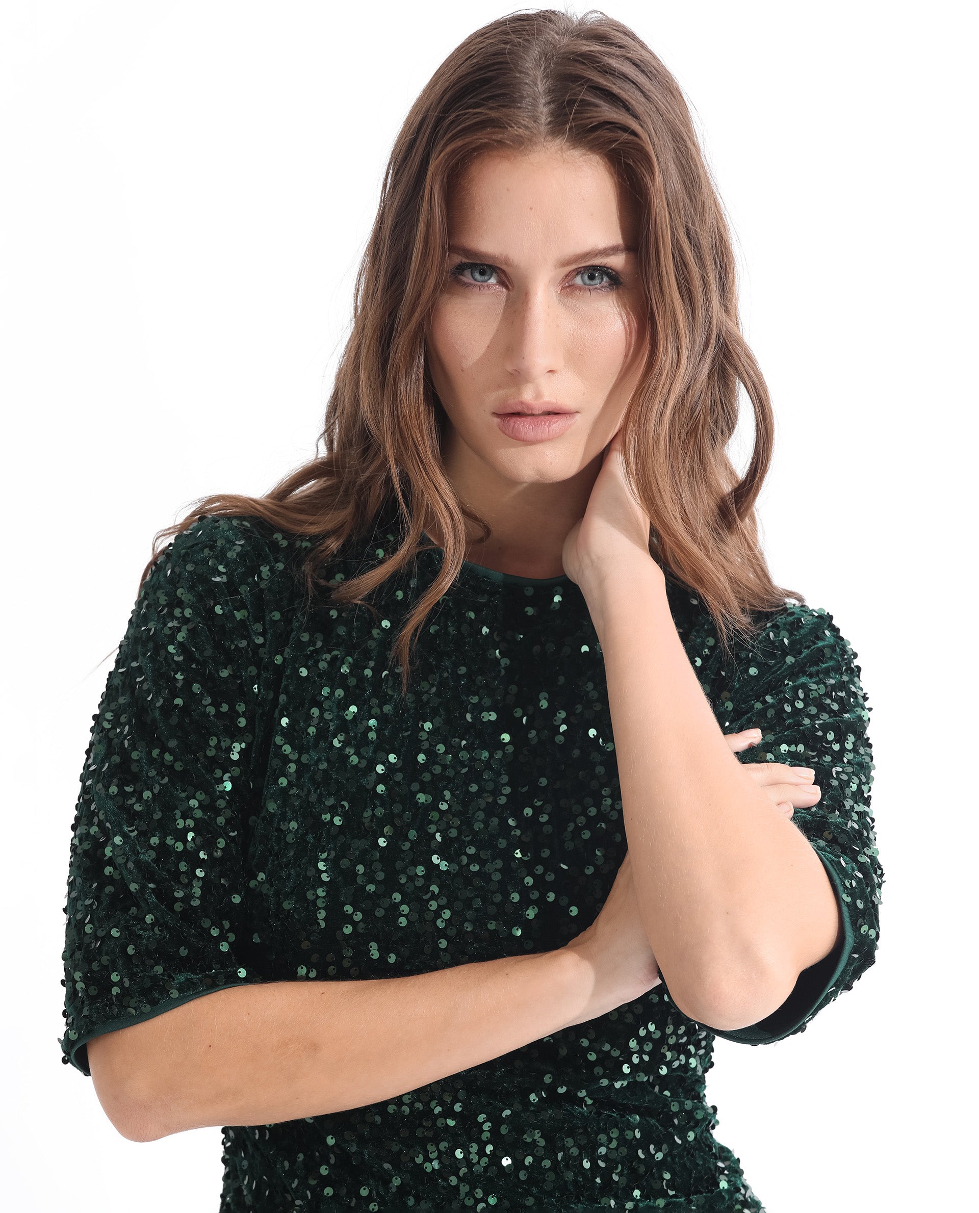 Rareism Women Tiana Sheen Green Sequined Round Neck 3/4 Sleeves And Back Zip Closure Mini Dress