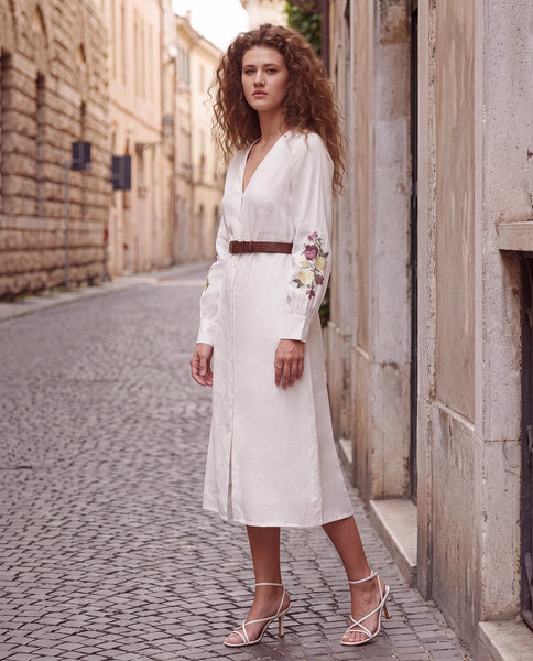 Buy Tiana - Off White Cross Stitch Embroidered 100% Linen Midi Dress