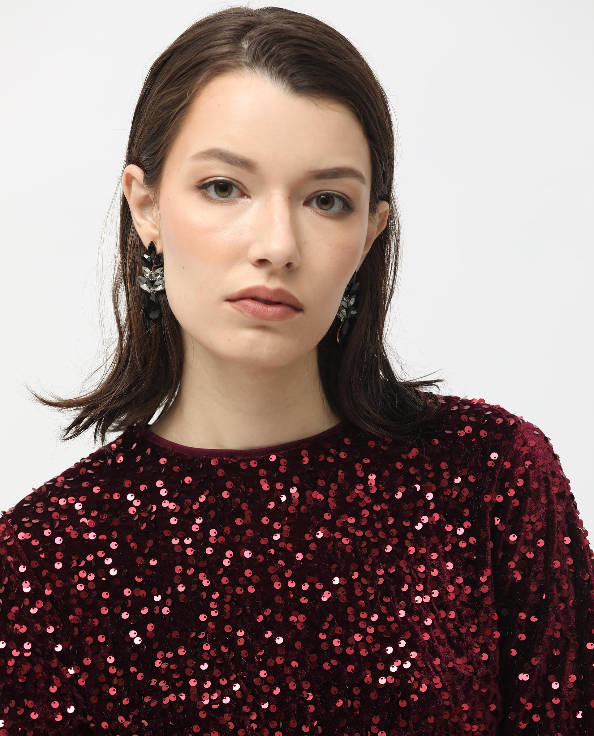 Rareism Women Tiana Sheen Maroon Polyester Fabric 3/4Th Sleeves Zip Closure Round Neck Regular Fit Sequined Short Boxy Dress