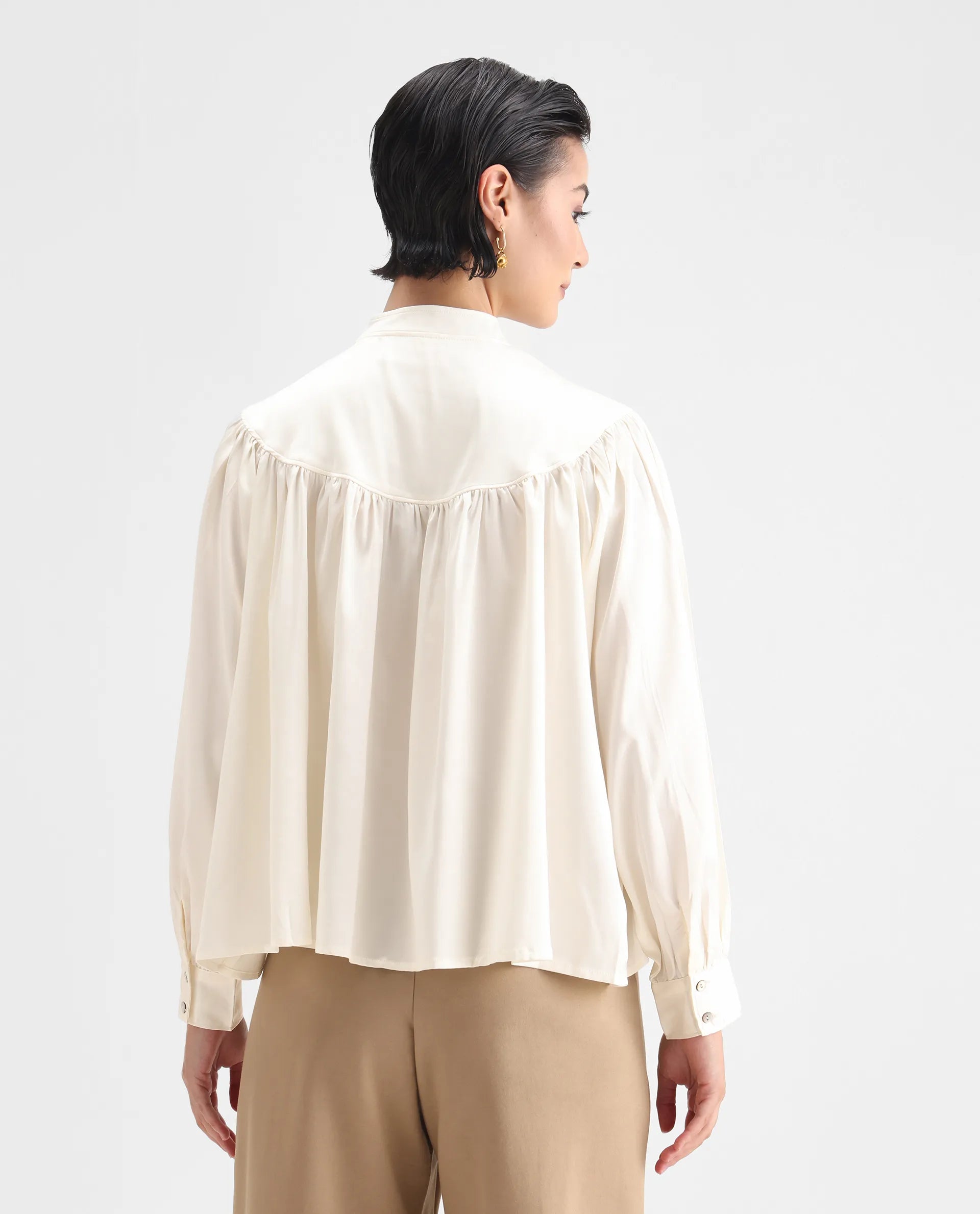 Rareism Women's Tia White Polyester Mandarin Collar Plain Volume Sleeve Relaxed Fit Top