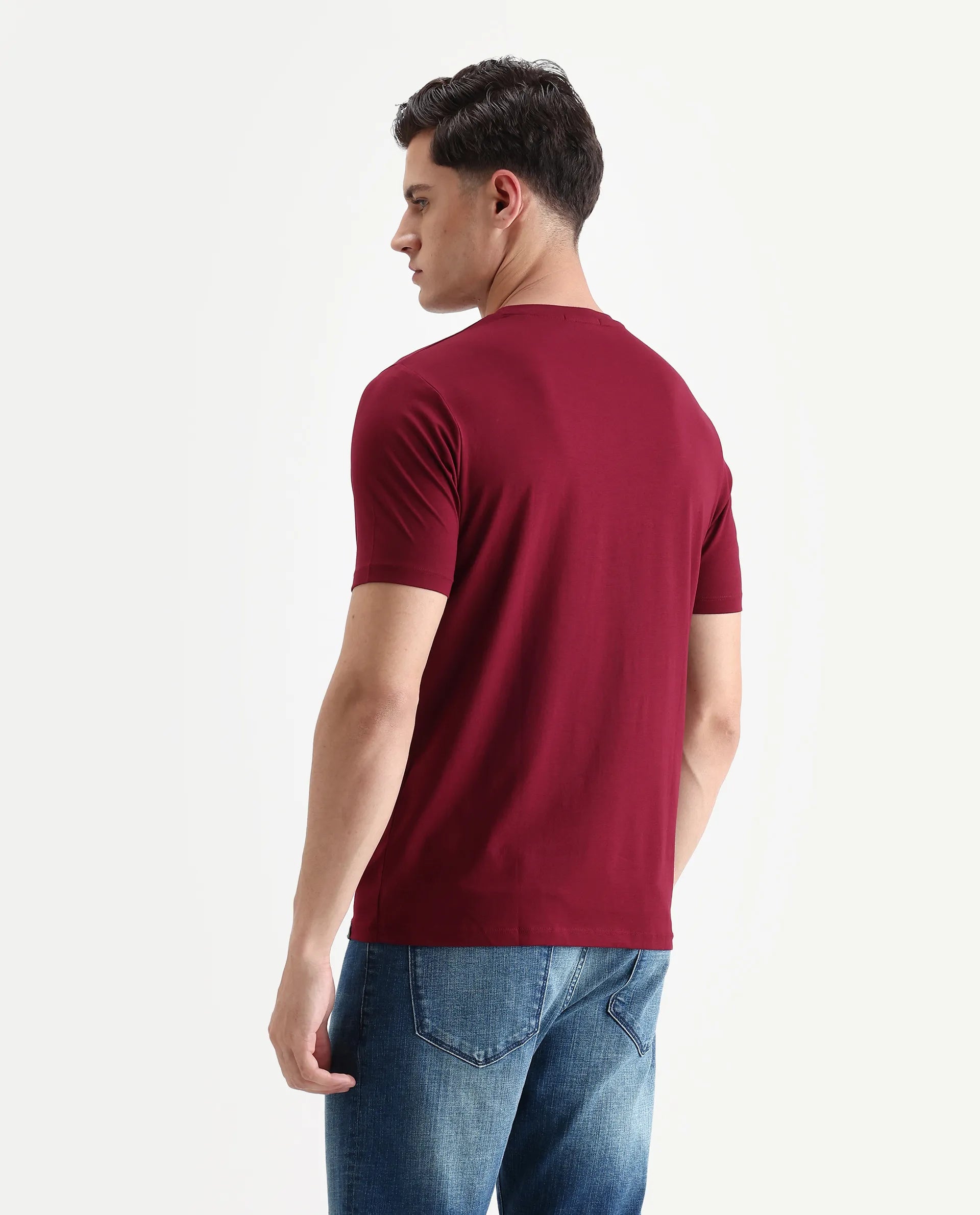 Rare Rabbit Men's Tibo Dark Red Cotton Blend Graphic Print Regular Fit Half Sleeve Crew Neck T-Shirt