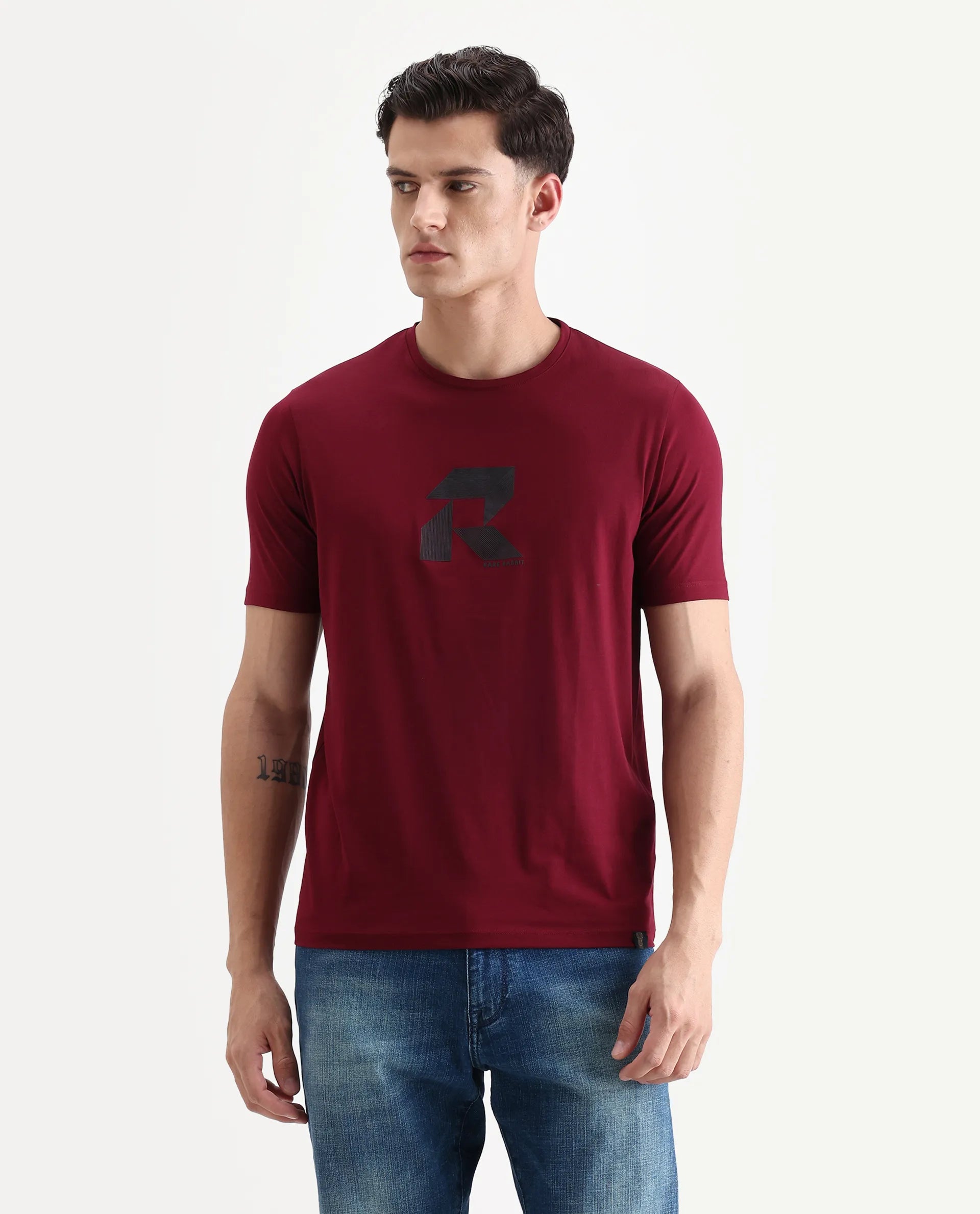 Rare Rabbit Men's Tibo Dark Red Cotton Blend Graphic Print Regular Fit Half Sleeve Crew Neck T-Shirt