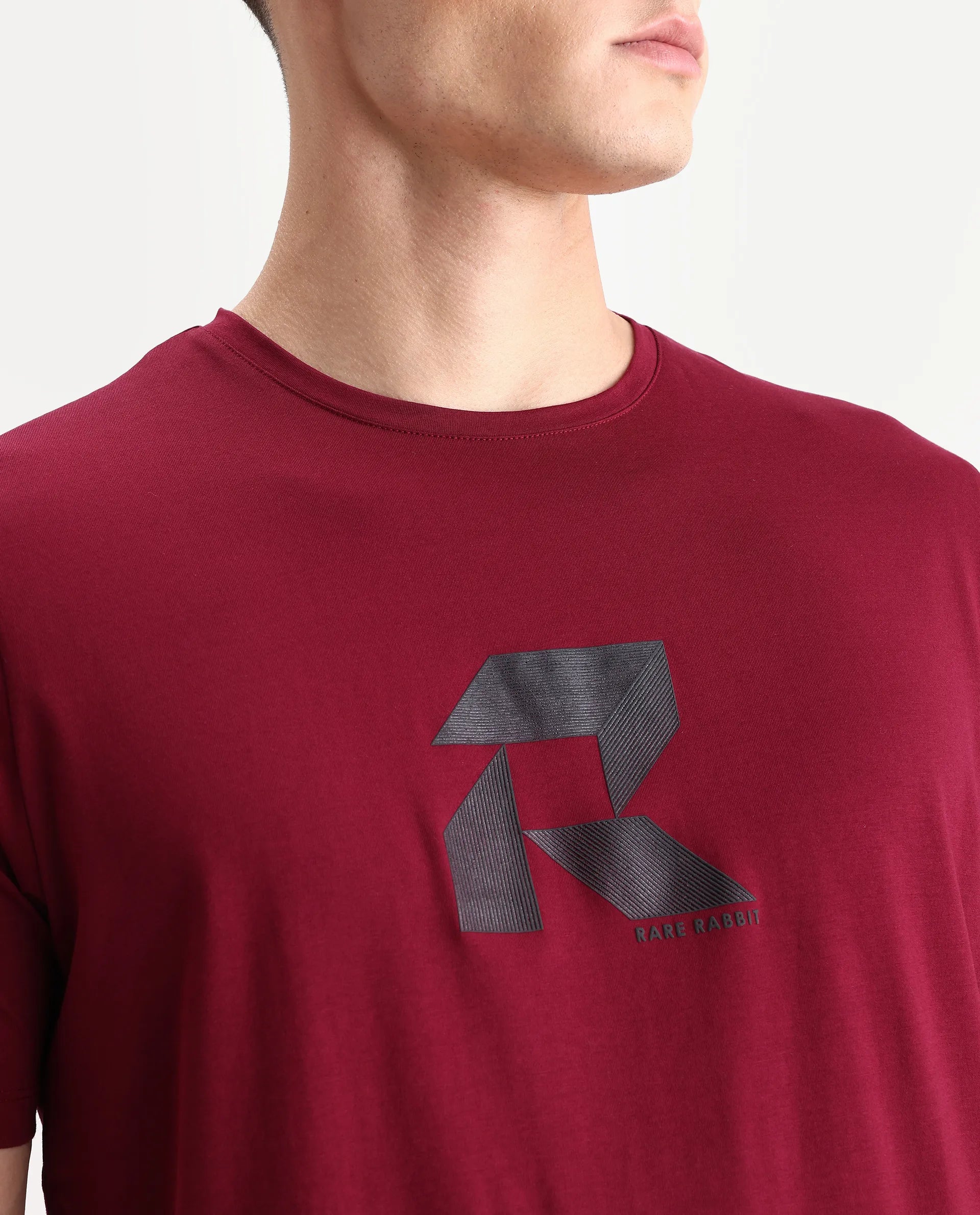 Rare Rabbit Men's Tibo Dark Red Cotton Blend Graphic Print Regular Fit Half Sleeve Crew Neck T-Shirt