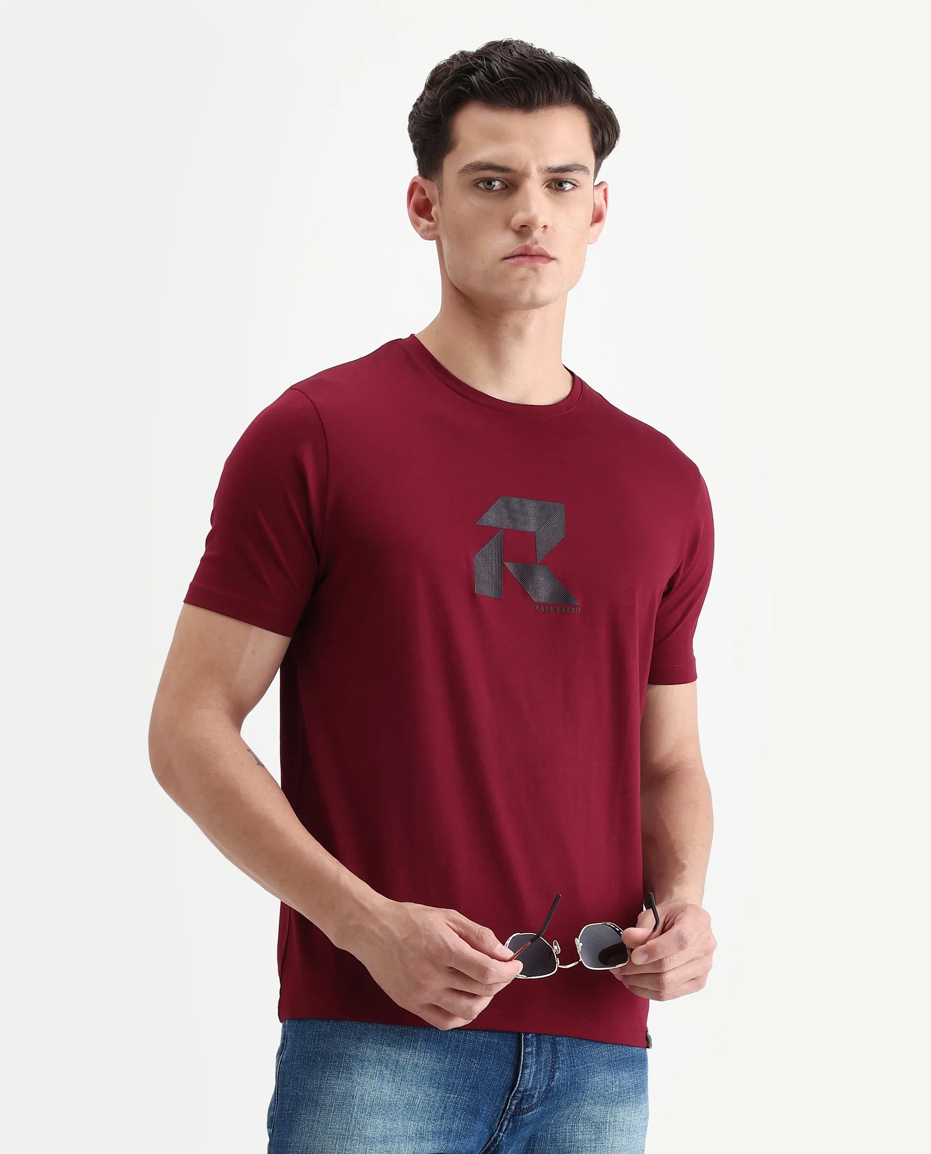 Rare Rabbit Men's Tibo Dark Red Cotton Blend Graphic Print Regular Fit Half Sleeve Crew Neck T-Shirt